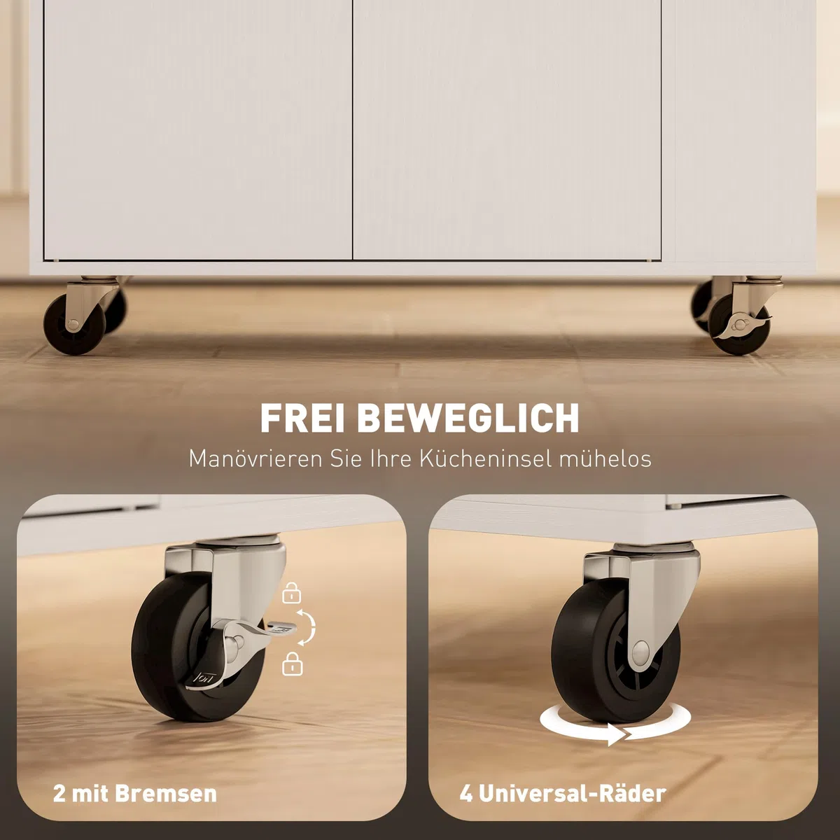 HOMCOM Kücheninsel Küchenwagen auf Rollen mit Arbeitsplatte, Küchenschrank mit Schublade, Gewürzregal, Ablage, Handtuchhalter, Servierwagen Rollwagen für Küche und Esszimmer 82 x 38 x 86,5 cm Weiß