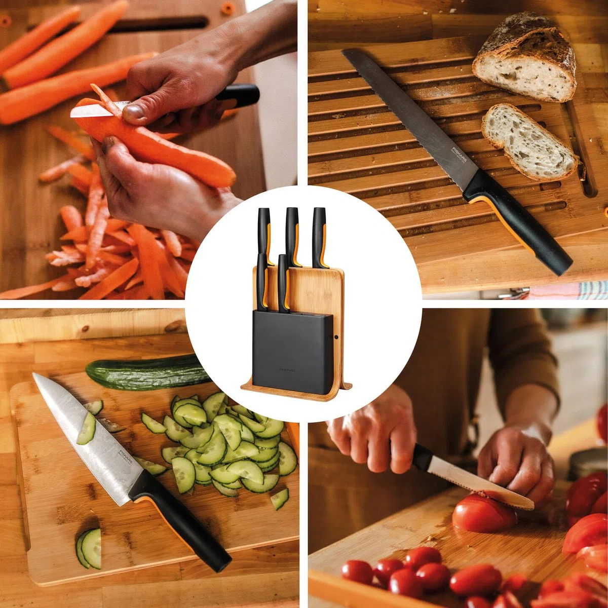 Fiskars Bambus Design-Messerblock mit 5 Messern, Functional Form, Inklusive Gemüsemesser, Tomatenmesser, Santoku Kochmesser, Kochmesser und Brotmesser, Bambus/Kunststoff, 1057552
