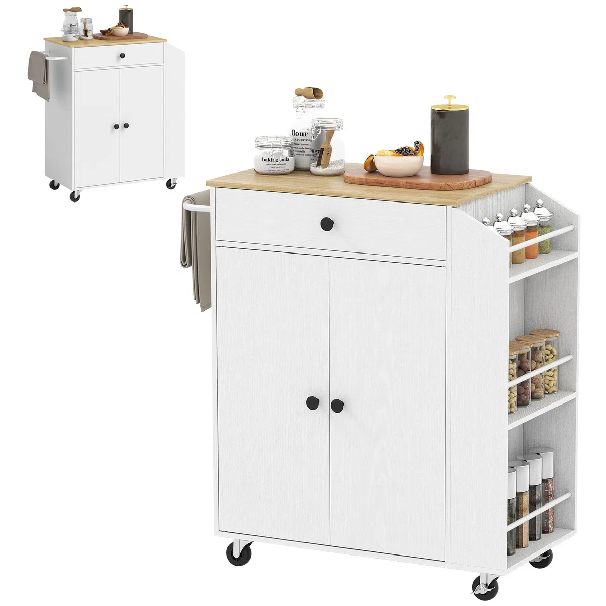 HOMCOM Kücheninsel Küchenwagen auf Rollen mit Arbeitsplatte, Küchenschrank mit Schublade, Gewürzregal, Ablage, Handtuchhalter, Servierwagen Rollwagen für Küche und Esszimmer 82 x 38 x 86,5 cm Weiß