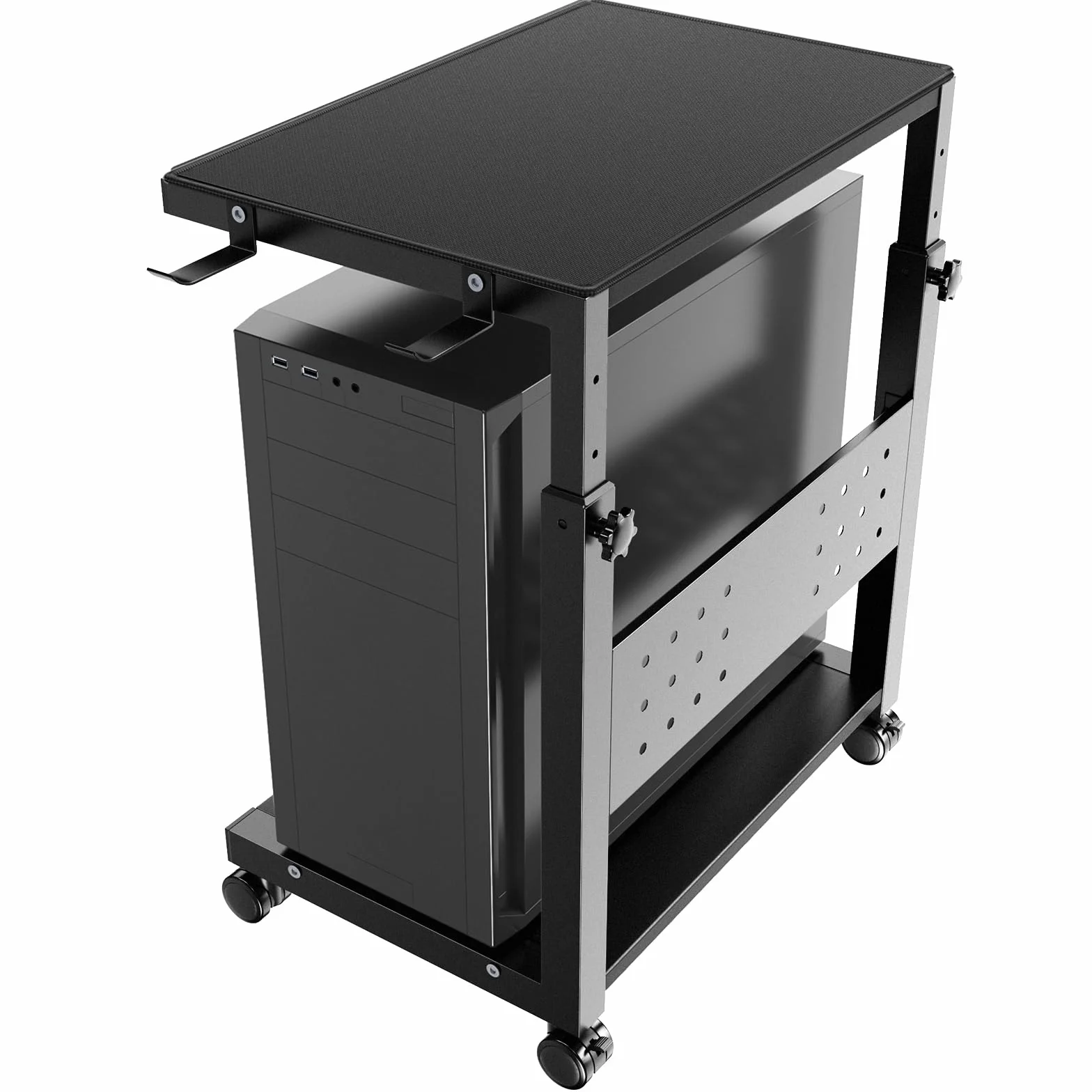 PUTORSEN Höhenverstellbarer PC Tower Ständer mit 2 Ebenen,Computer Tower Ständer mit Rollen und Maus Pad,PC Halterung unter Schreibtisch,ATX-Gehäuse bis 40kg/Ebene,Druckerständer für Heimbüro,Schwarz