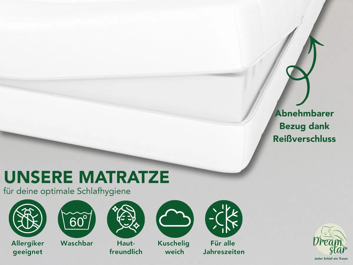 DREAMSTAR Easy Flex 7-Zonen Matratze 80x190 cm | H3&H4 | Ergonomische Kaltschaummatratze | Hypoallergen & Antibakteriell | Bezug abnehmbar & waschbar | Oeko-TEX® | (13cm, 80 x 190 cm)