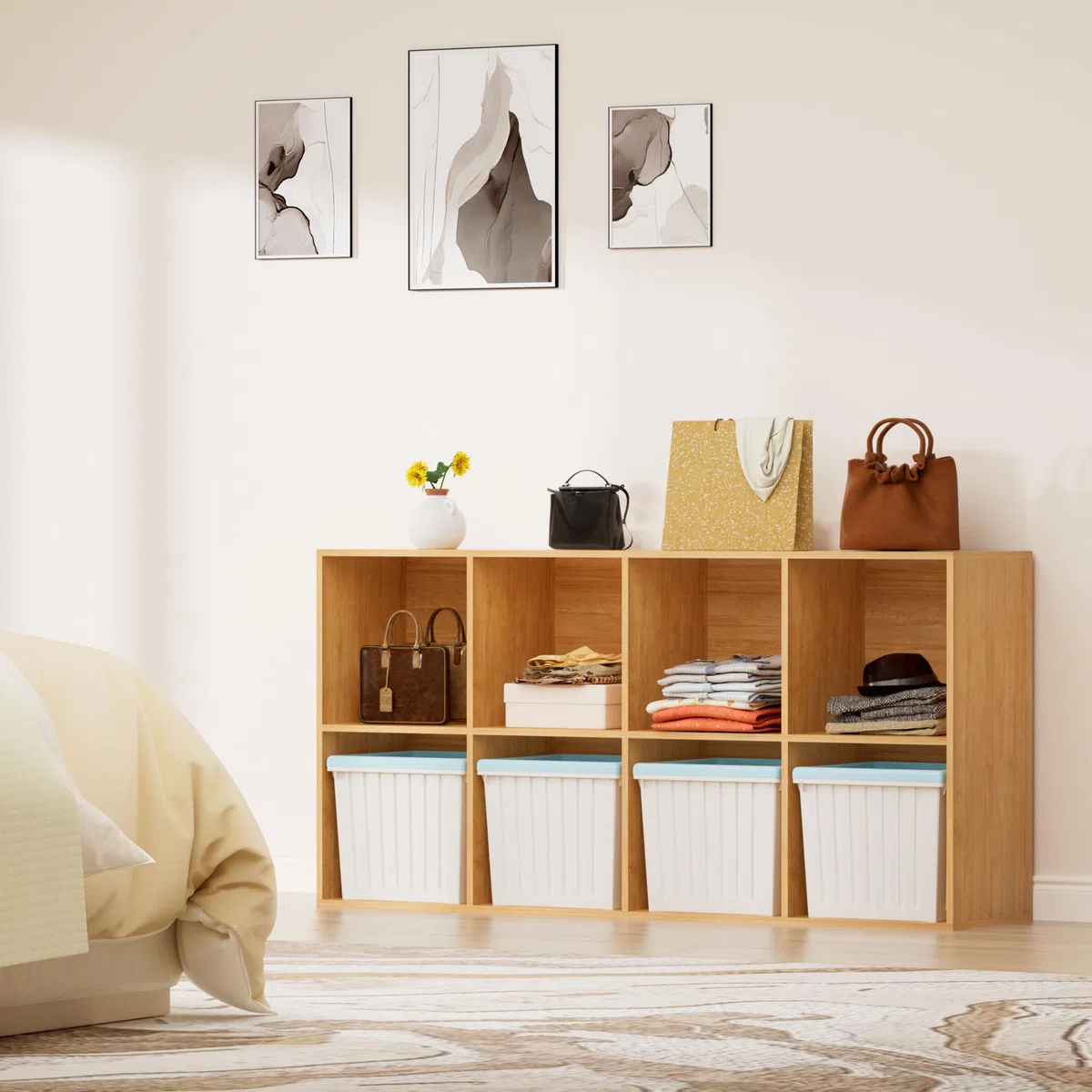 Bücherregal Holz mit Geschlossener Rückwand,Raumteilerregal,Würfelregal,Naturholz,8 Würfel