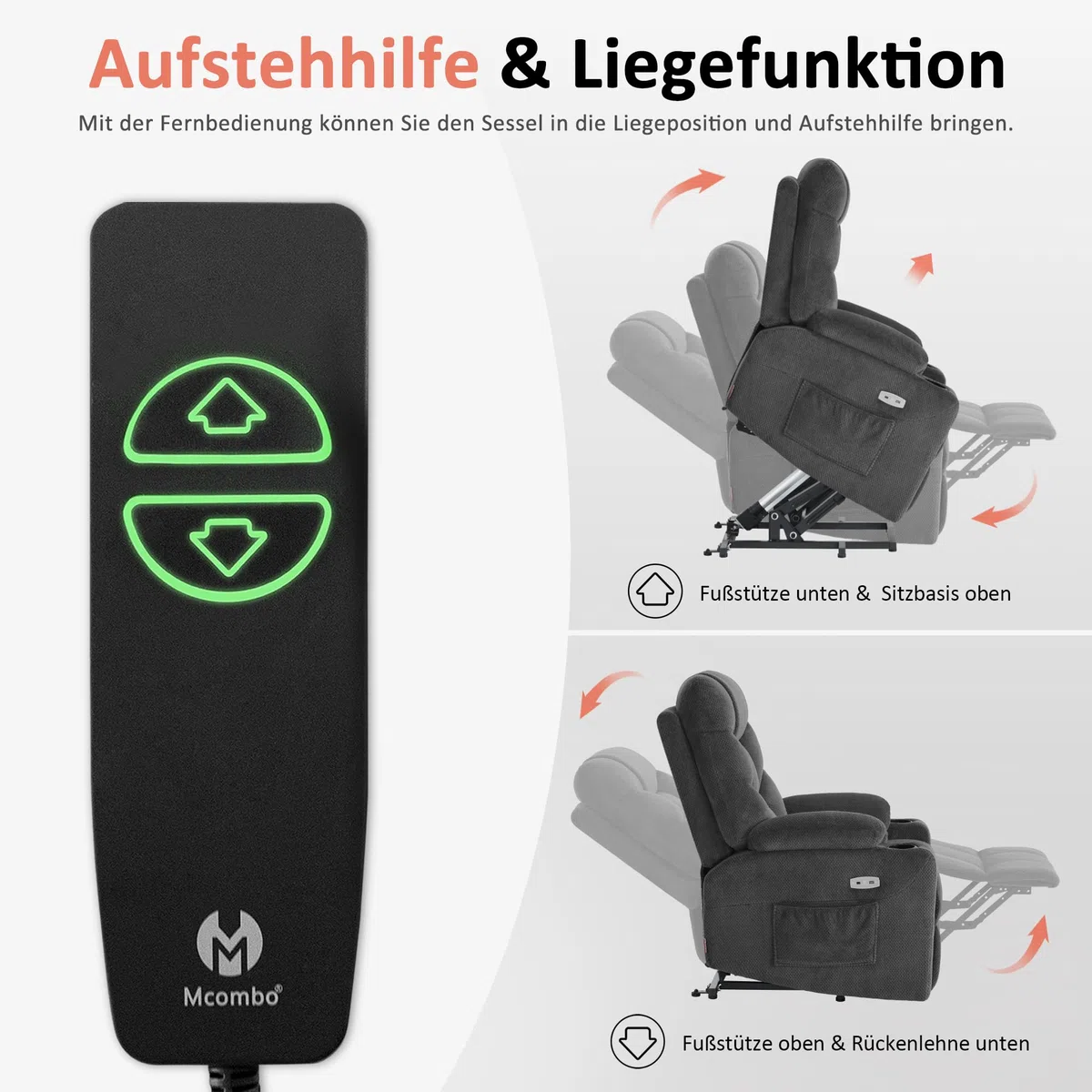 MCombo Fernsehsessel mit Aufstehhilfe Elektrisch, Liegefunktion bis 140°, Seniorensessel mit USB, Dunkelgrau-Stoff