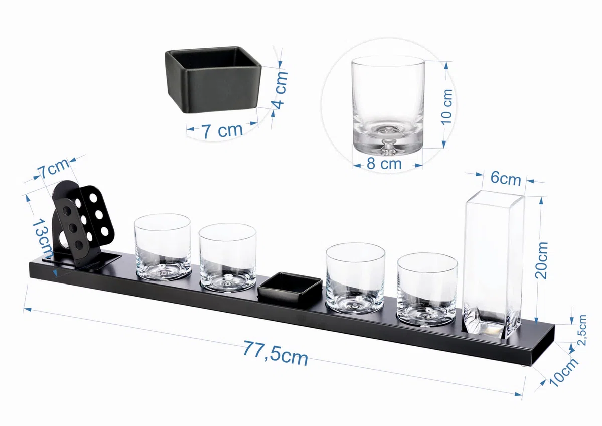 Servier-Set 4 Whisky Gläser ⌀8cm x 10cm und 1 Karaffe 6cm x 6cm x 20cm Metallbasis 77,5cm x 10cm mit Snackschale und Flaschenhalter für Haus und Bar Geschenk für Männer