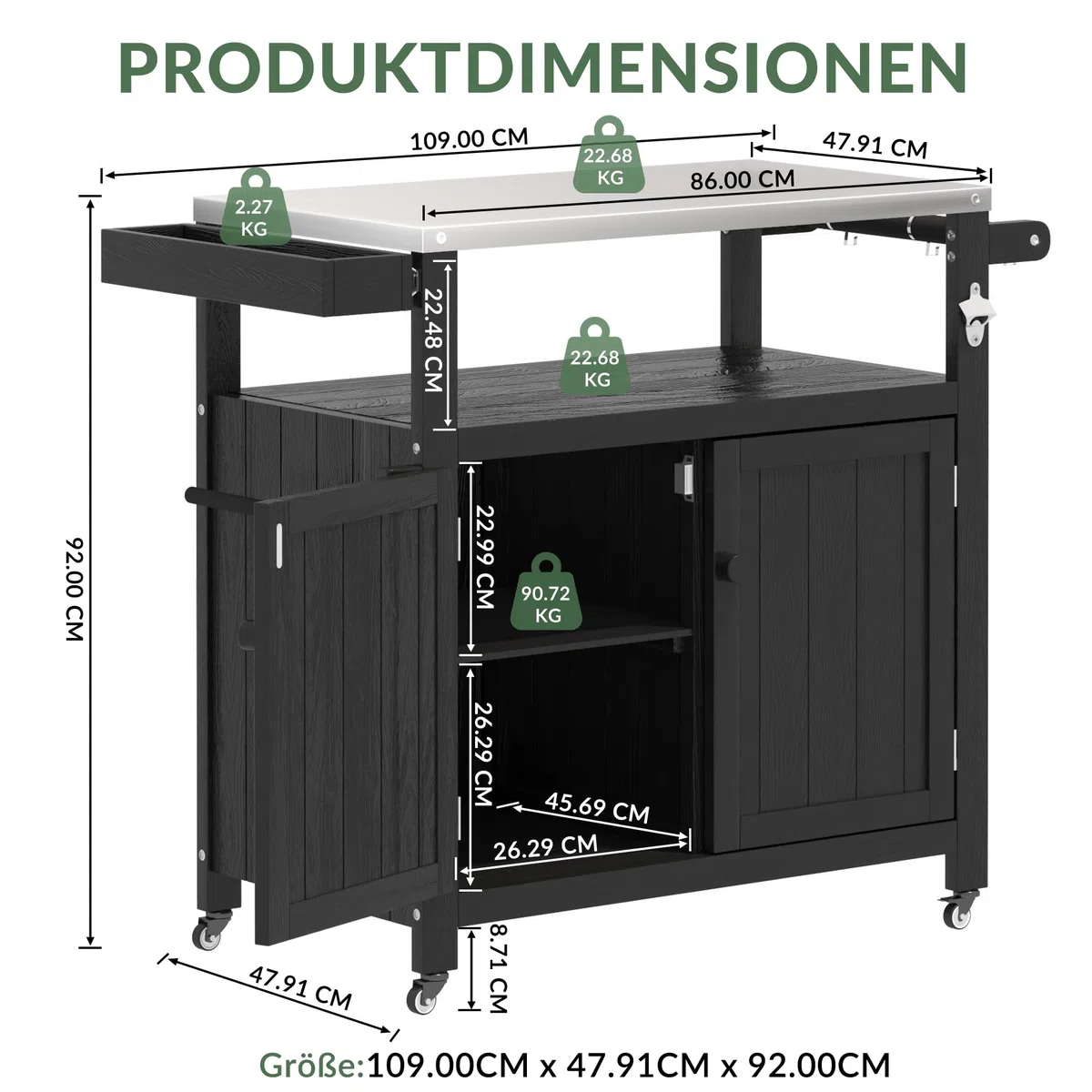 Outdoor Kücheninsel Mit Rollen - Mobile Grillwagen, Außen-Küchenwagen Mit Ablagefach & Arbeitsfläche, Tragbarer Aufbewahrungsschrank Für Garten, Terrasse, Camping & Picknick (Schwarz)
