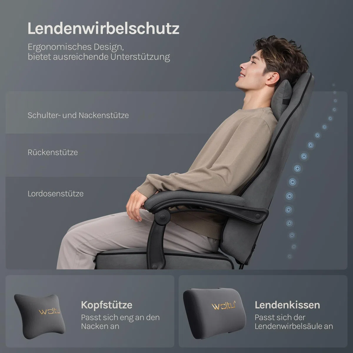 WOLTU Gaming Stuhl Stoff mit Bequemlichkeit Federunterlage, Kühl im Sommer, Gamer Chair Sessel Hohe Belastbarkeit ergonomischer mit Kopfkissen, Lendenkissen, Fußstütze, Tech-Stoff, Grau