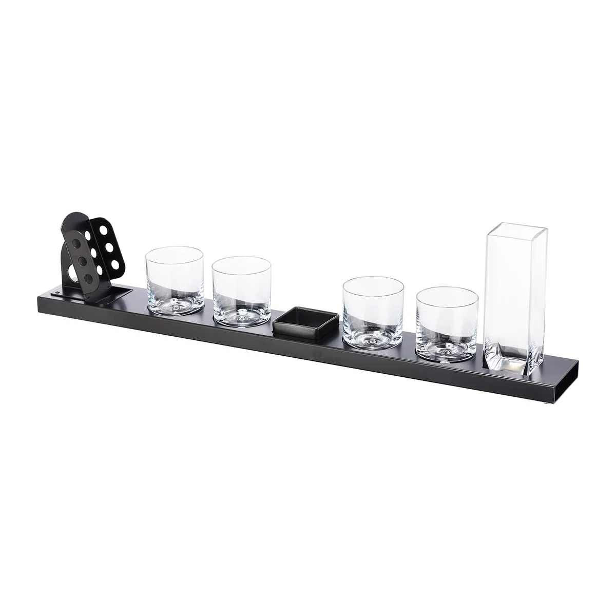 Servier-Set 4 Whisky Gläser ⌀8cm x 10cm und 1 Karaffe 6cm x 6cm x 20cm Metallbasis 77,5cm x 10cm mit Snackschale und Flaschenhalter für Haus und Bar Geschenk für Männer