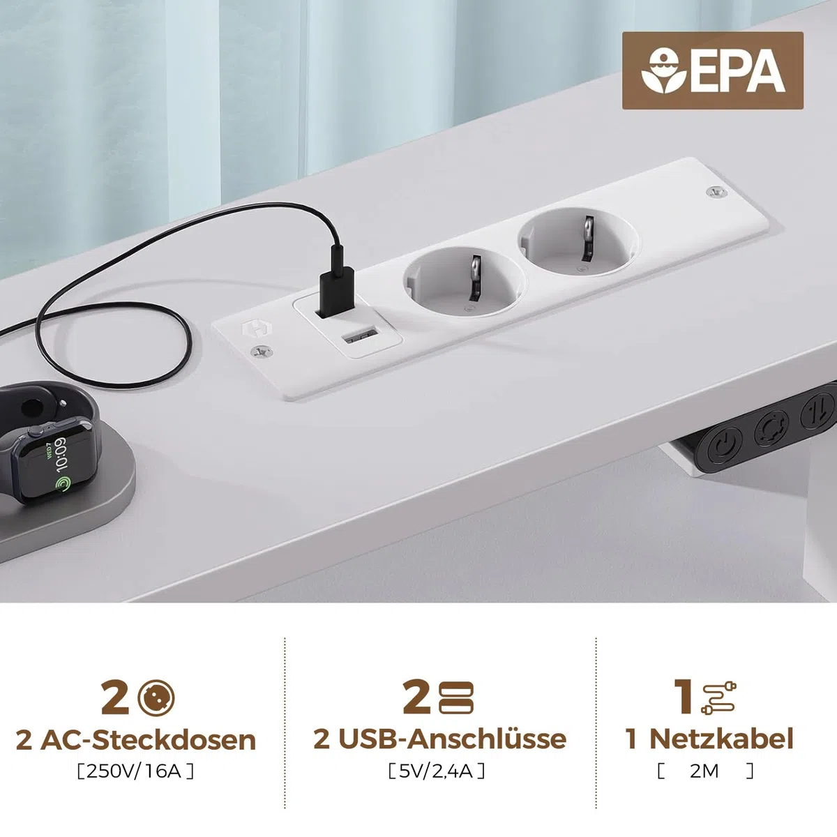 Seventable Computertisch mit Steckdosen & LED-Beleuchtung, 120cm Gaming Schreibtisch mit 5 Schubladen, Gaming Tisch mit Monitorständer, fürs Büro, Arbeitszimmer, Schlafzimmer, Wohnzimmer, Weiß