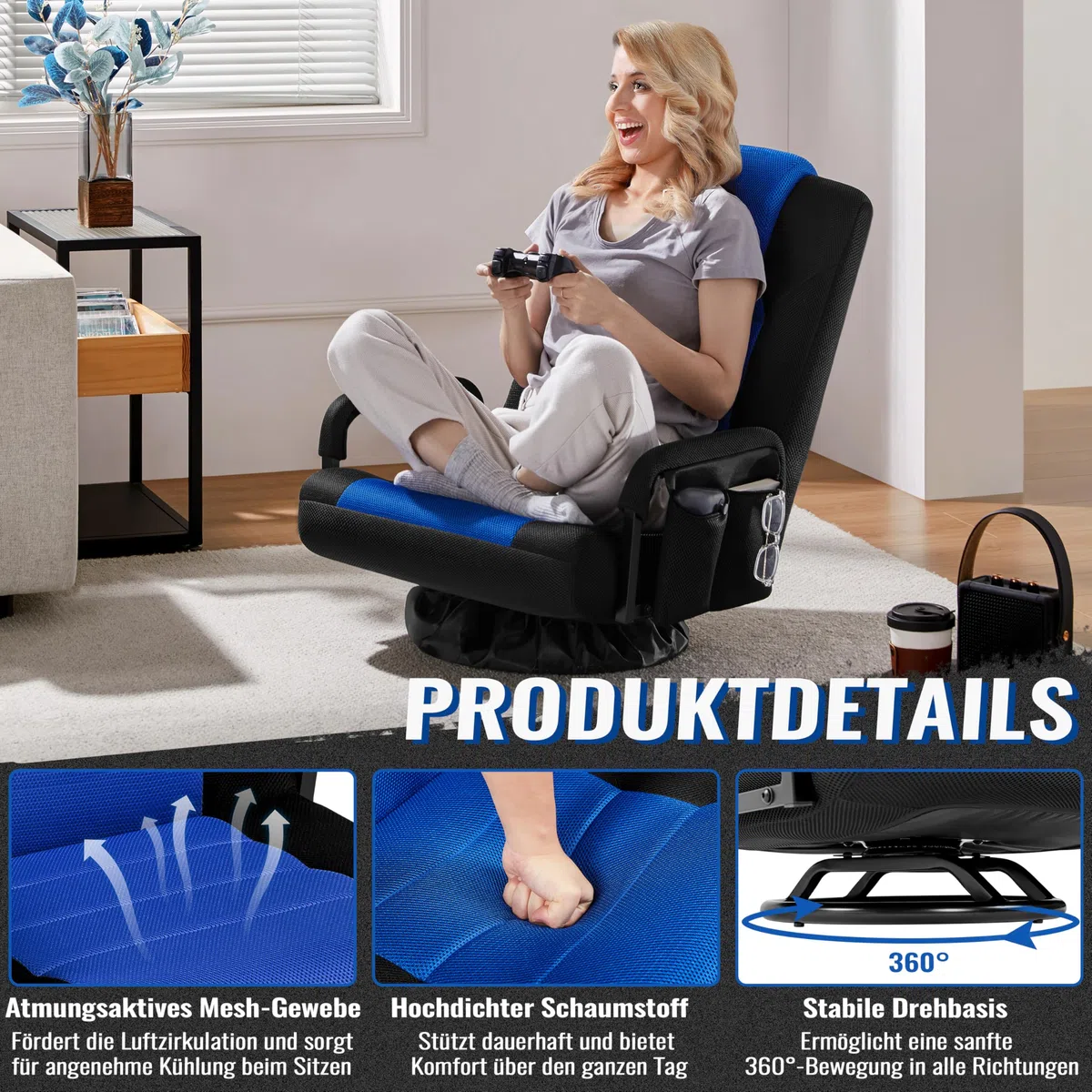 Yaheetech Bodenstuhl 360° Drehbar, Bodensessel 6-stufig Verstellbar, Klappbarer Boden Gaming Stuhl mit Armlehne & Praktischer Tasche, Bodensofa für Wohnzimmer/Schlafzimmer/Büro, Schwarz & Blau