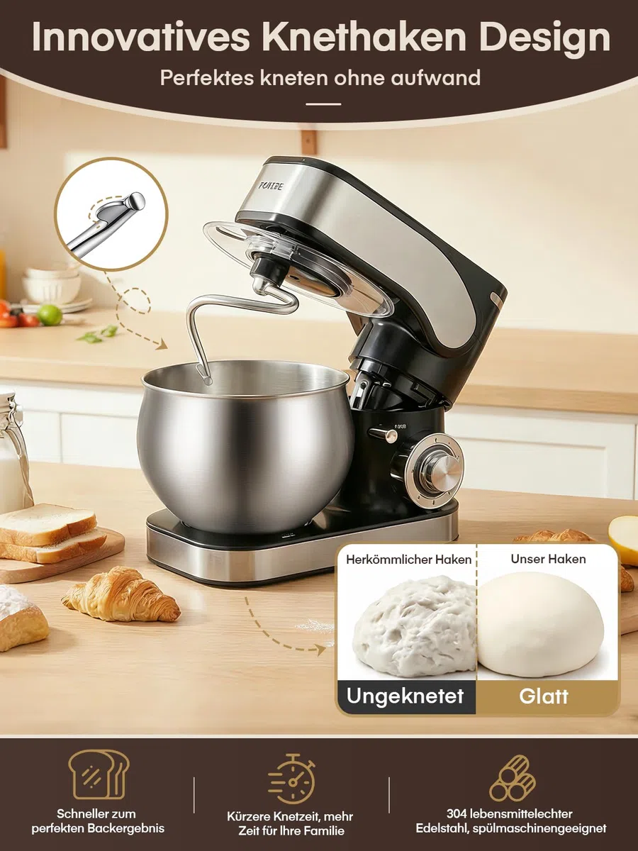 Küchenmaschine mit 5L + 3L Edelstahlschüsseln Dual-Schalen, Knetmaschine Mit Aufgewerteter Knethaken, 1300W Leistungsstarke Teigmaschine, 6+P Geschwindigkeiten, Knethaken, Rührbesen und Schneebesen