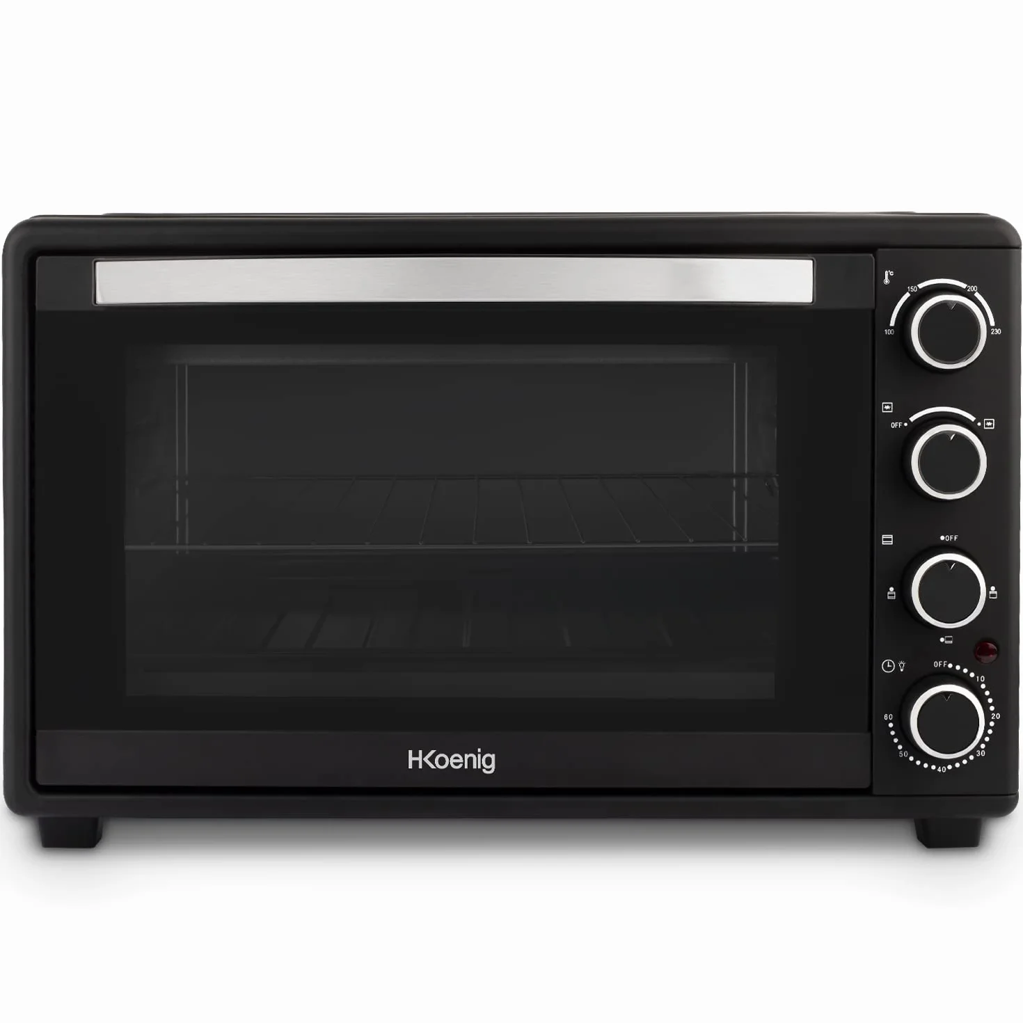 H.Koenig FO45 Mini Ofen 45L Elektro Standgerät Kompakt Multifunktion Leistungsstark 2000W Programmierbar, 230°, 60 Min. Timer, Automatische Abschaltung, Glastür, Grill und Fettpfanne, Pizza, Gerichte