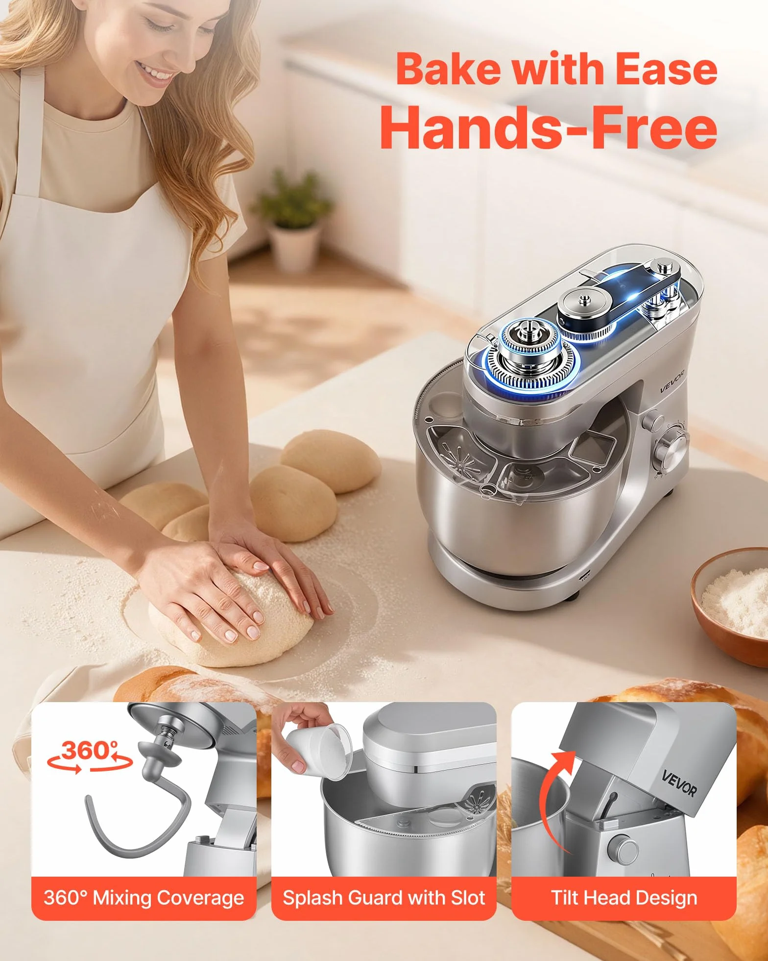 VEVOR Knetmaschine Küchenmaschine zum Backen, 1500 W Teigmaschine mit Edelstahlschüssel (5,7 L) & Knethaken & Rührbesen & Schneebesen, 10-Gang einstellbare kippbare Rührmaschine Standmixer