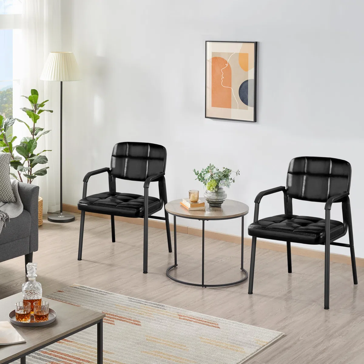 Yaheetech Besucherstühle Wartezimmerstühle Gästestühle mit Armlehne und Lehne, Konferenzraumstühle Wohnzimmerstuhl Polsterstuhl Esszimmerstuhl Kunstleder für Wohnzimmer, 2 Stück Schwarz