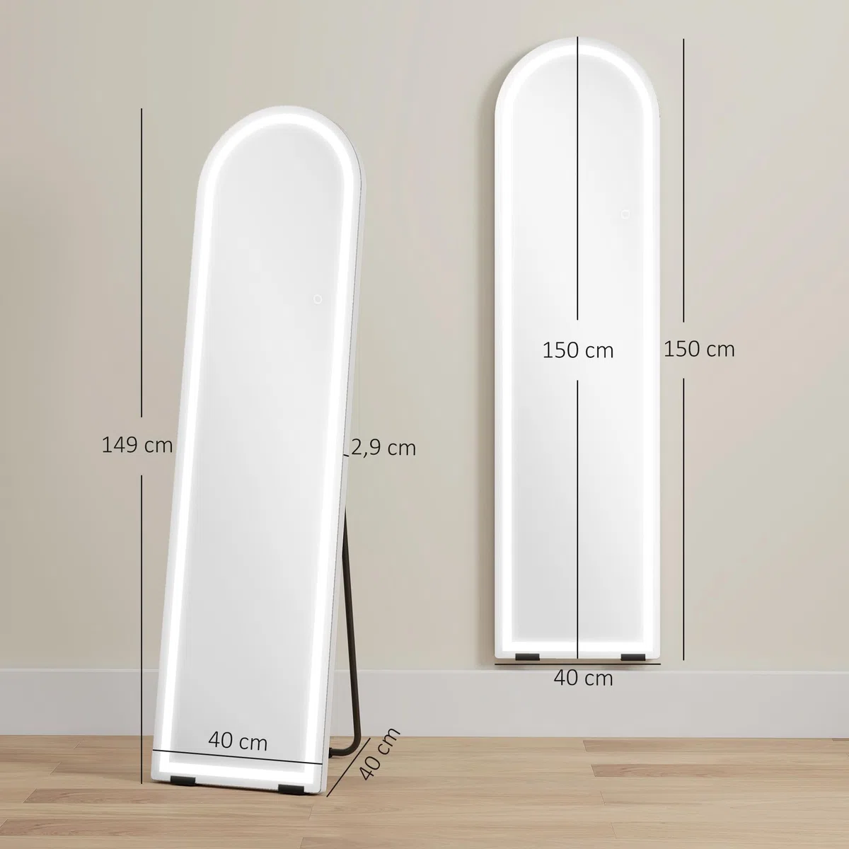 HOMCOM Ganzkörperspiegel mit Beleuchtung 150 x 40 cm Großer Bodenspiegel mit dimmbaren LEDs, 3 Lichtfarben, Memory-Funktion, gewölbt, zum Hängen oder Anlehnen an die Wand, für Schlafzimmer, Weiß