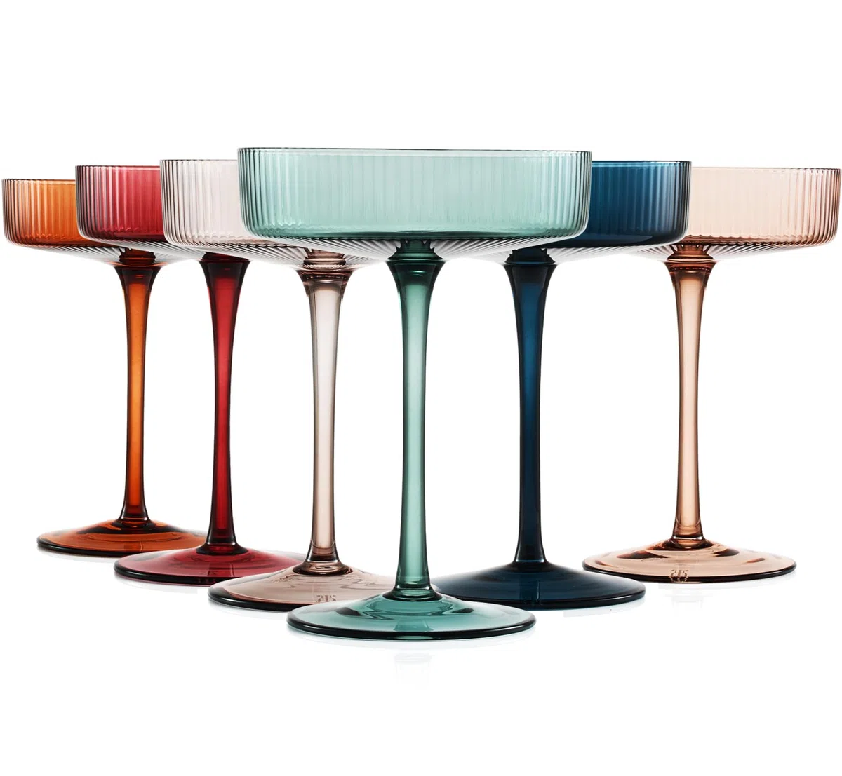 Farbige Vintage Art Deco Coupé-Gläser, Martini-, Cocktail- und Champagnergläser, geriffelt, 200 ml, 6 Stück, niedliche pastellfarbene gedämpfte Kristall-Cocktailgläser, Kelch, Cocktails, geriffelte