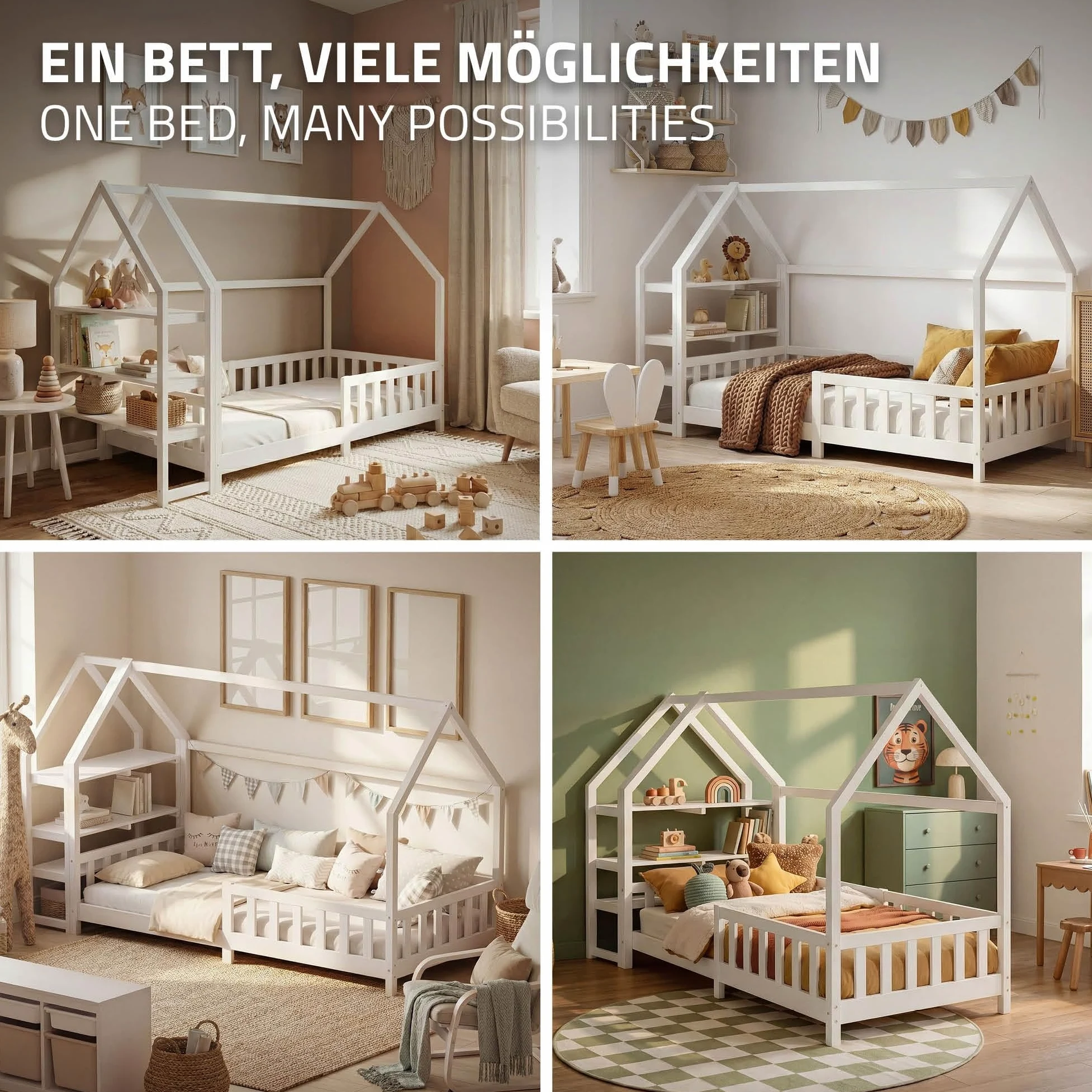 ML-Design Kinderbett Hausbett 90x200 cm mit Rausfallschutz, Regal, Dach & Lattenrost, Weiß, Kiefernholz, Montessori Bodenbett, Holzbett