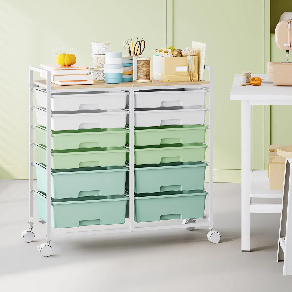 KINGRACK Rollcontainer mit 12 Schubladen und Holzarbeitsplatte, Schubladenschrank für Badezimmer, Küchen, Wohnzimmer und Büros (Grün)