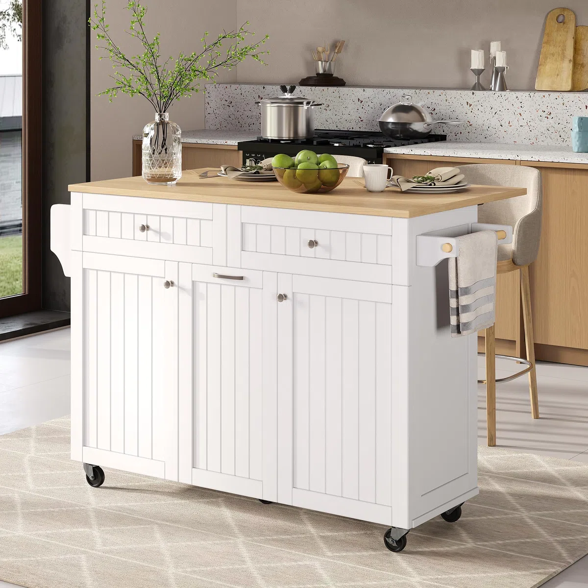 Küchenschrank mit Klappbarer Arbeitsplatte, Verstellbare Trennwand, Küchenwagen mit 5 Rollen, Freistehende Kücheninsel mit 3 Schubladen, 139.5 x 40(70) x 92 cm, Weiß