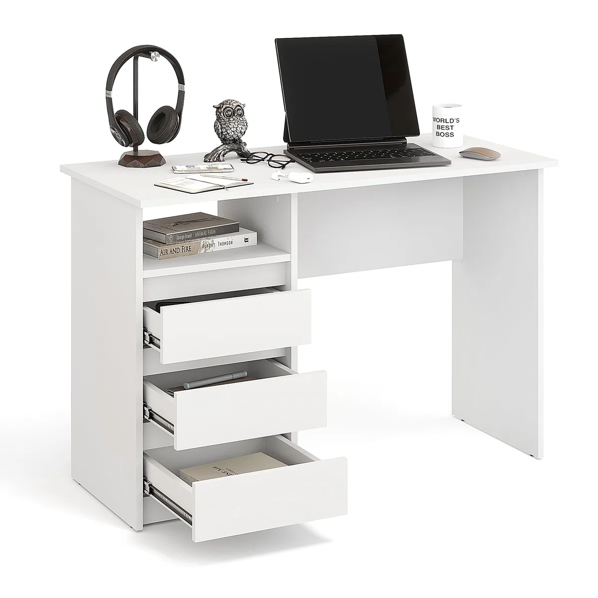 KOMTO Schreibtisch mit Schubladen - Bürotisch Computertisch Klein Arbeitstisch Büro PC-Tisch Kinderschreibtisch mit Stauraum | Moderner Schreibtisch Weiß | Oslo 110 x 50 x 74 cm