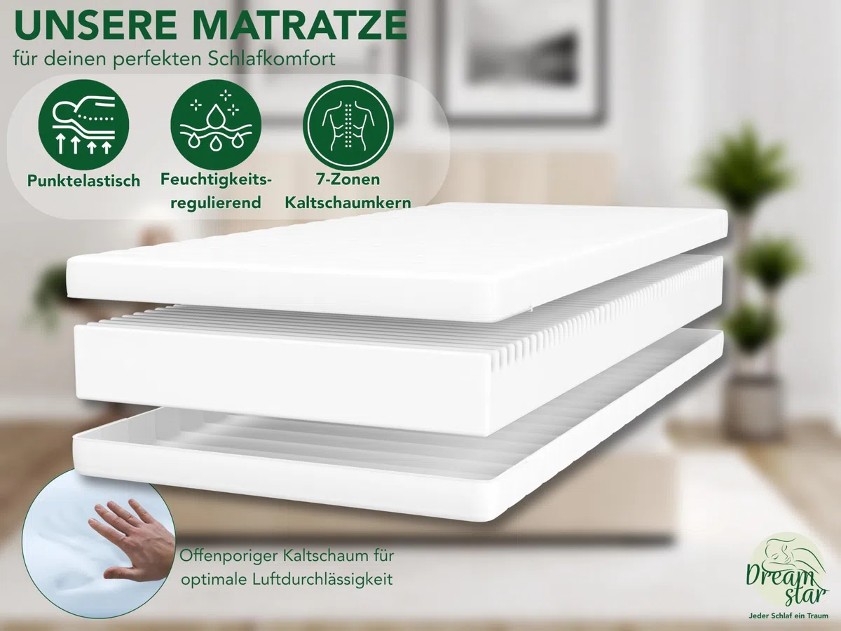 DREAMSTAR Easy Flex 7-Zonen Matratze 80x190 cm | H3&H4 | Ergonomische Kaltschaummatratze | Hypoallergen & Antibakteriell | Bezug abnehmbar & waschbar | Oeko-TEX® | (13cm, 80 x 190 cm)