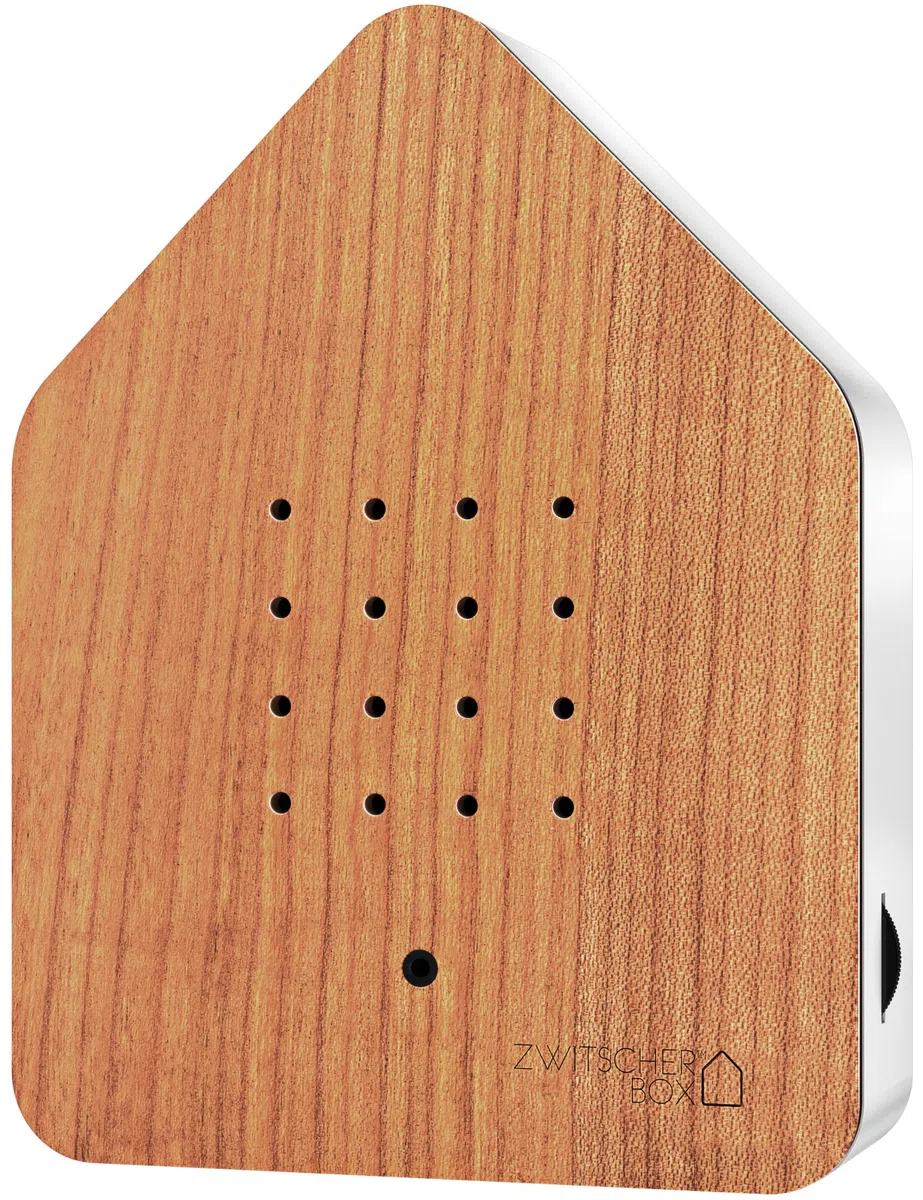 RELAXOUND ORIGINAL Zwitscherbox "Cherry" – Moderne Vogelgezwitscher Box mit Vollholzfront – Entspannender Vogelgesang – Bewegungsmelder mit Sound – Naturgeräusche Soundbox
