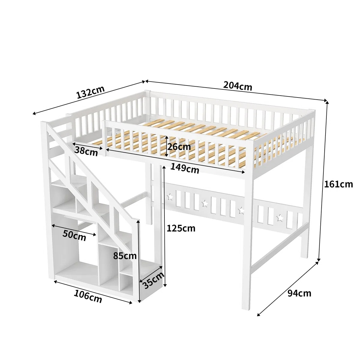 Etagenbett 90x200 cm für Kinder, Hochbett mit Treppe & Aufbewahrungsschrank, Massivholz, ohne Matratze