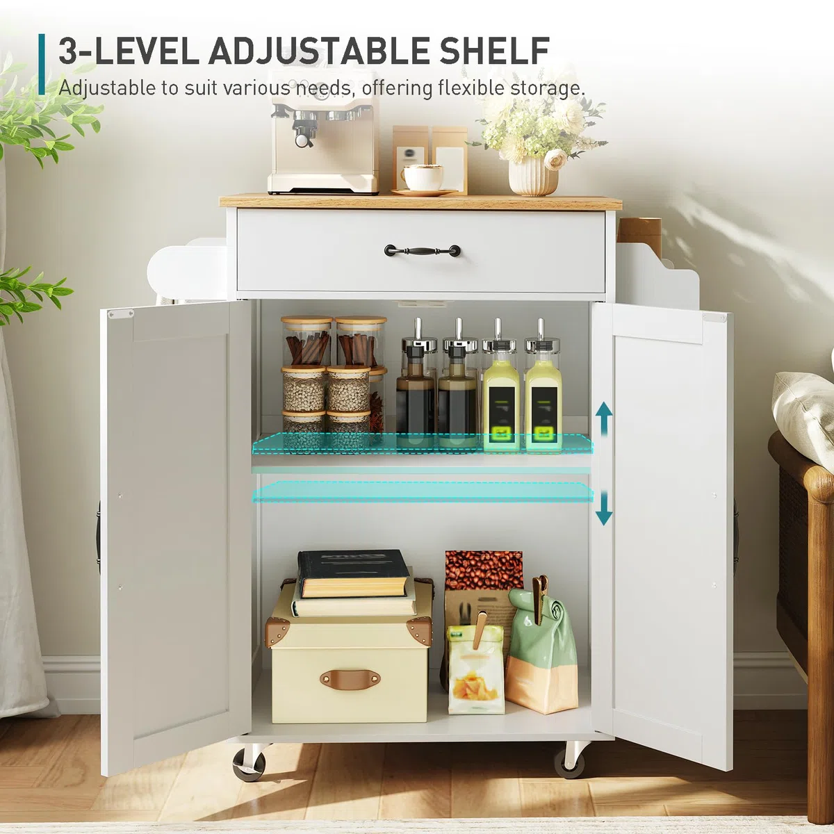 RALGEND Küchenwagen mit Arbeitsplatte und auf Rollen, Kücheninsel mit Schublade, Küchenschrank mit Handtuchstange und Gewürzregal, Rollwagen 60 × 40 × 88 cm, Weiß and Holzfarbe