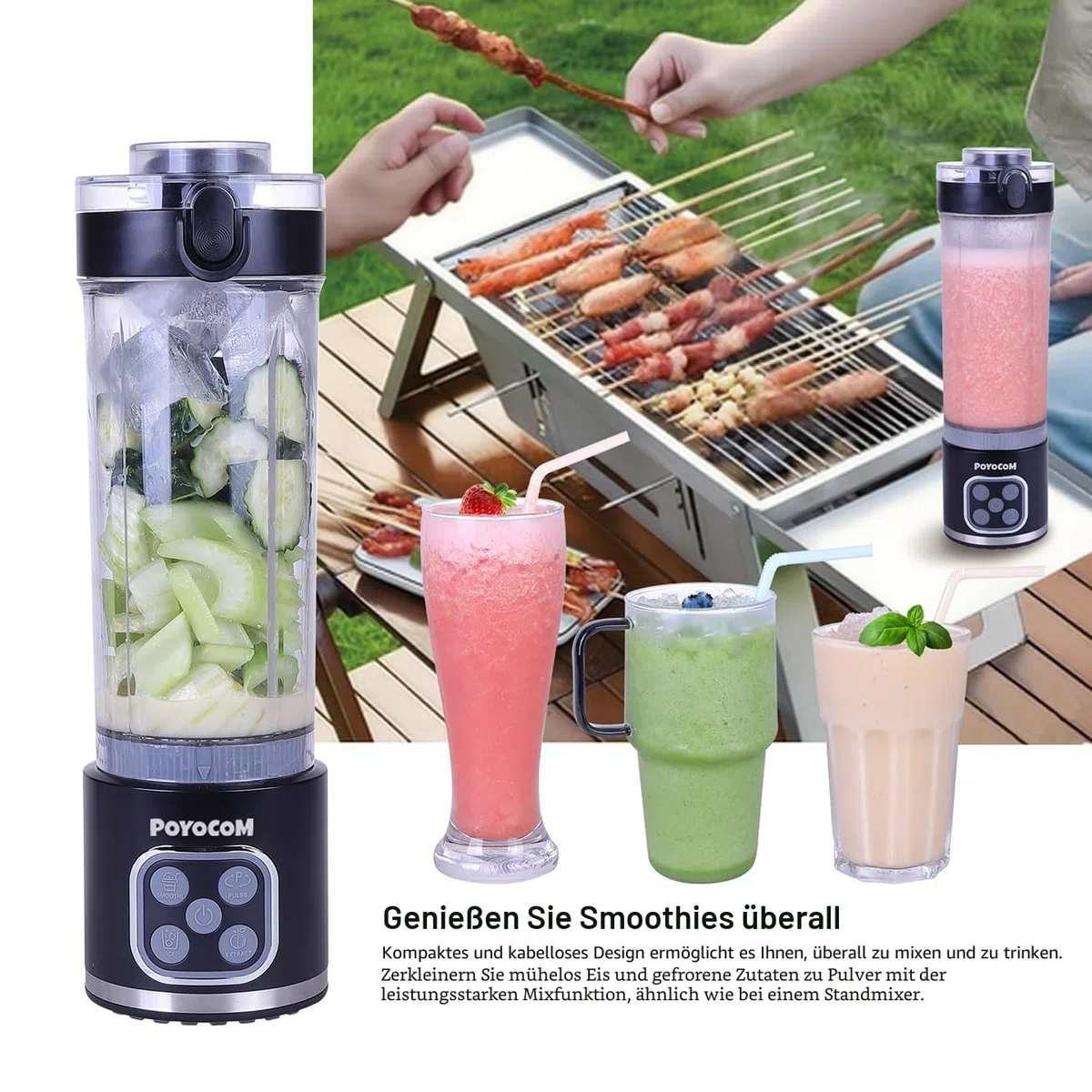 Mini-Standmixer und Smoothie-Maker, 750 ml abnehmbarer Behälter, 700W tragbarer Mixer, für Smoothies, Ice Crush, auslaufsicherer Deckel und Trinkschnabel, wiederaufladbar über USB-C, Schwarz