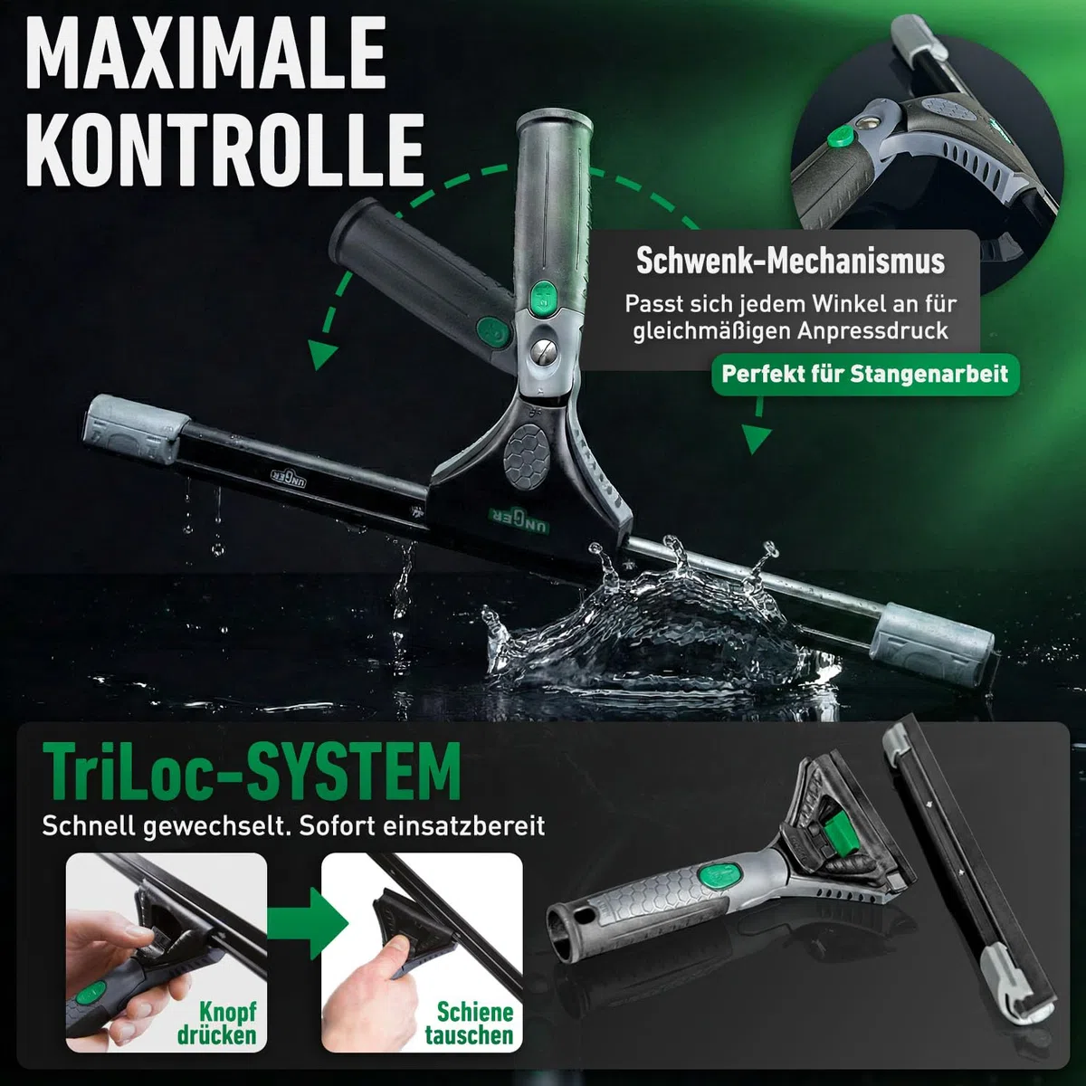 UNGER Ninja Profi Fensterreiniger 4in1 Advanced Kit – Premium Fensterputzer Set mit Profi Fensterabzieher, Fensterwischer, Mikrofasertuch und Bucket-on-a-Belt für professionelle Glasreinigung