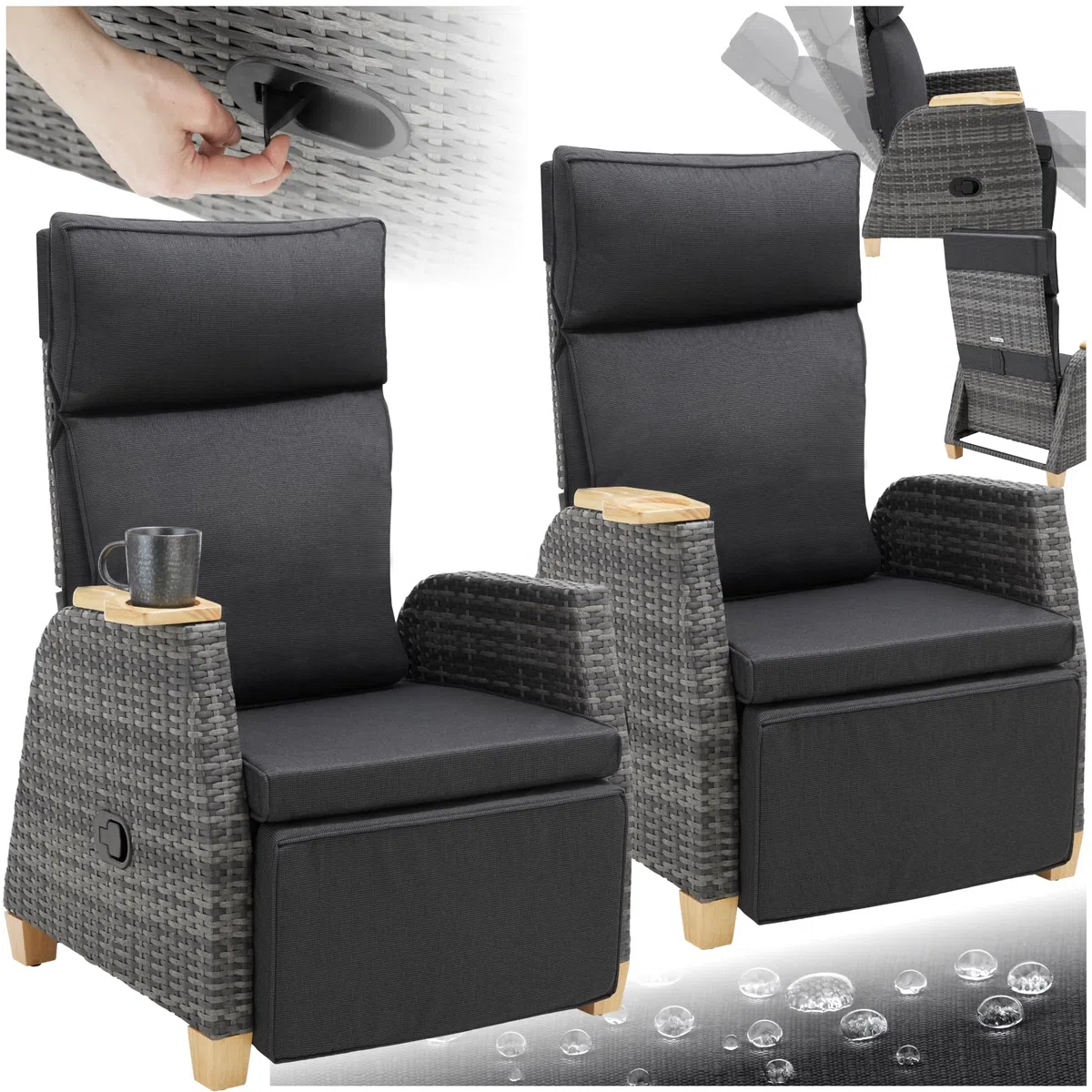 Tectake Rattan Outdoor Sessel Hochlehner mit Fußstütze verstellbare Lehne Relaxsessel Liegefunktion 2er Set