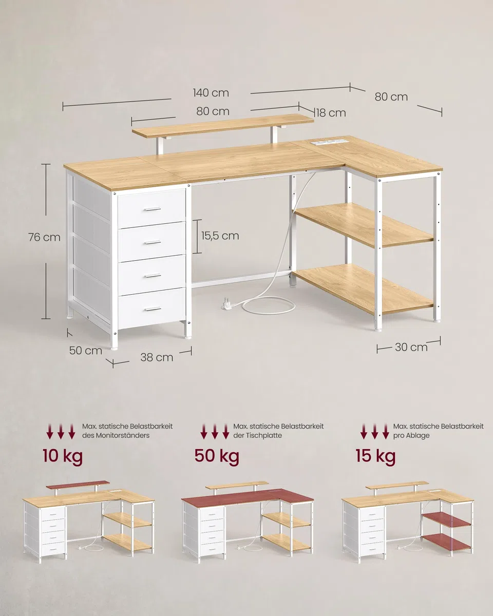 VASAGLE L-förmiger Eckschreibtisch mit Steckdosen, Computertisch, Gaming-Tisch, beidseitig montierbar, verstellbare Ablagen, 4 Schubladen, 2 USB-Anschlüsse, 140 x 80 cm, natureichenfarben LWD172YD01