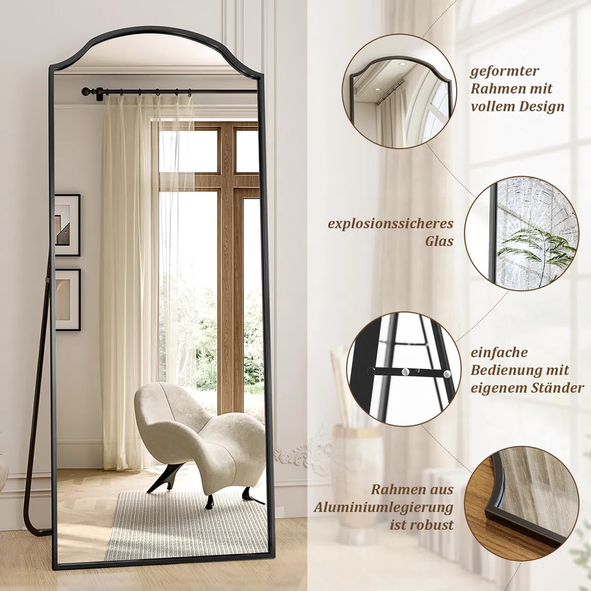 Koonmi 165 x 60 cm Ganzkörperspiegel - Einzigartiger gewölbter Oberkörper, für Garderobe, Schlafzimmer, hängend, stehend oder Sich anlehnen, schwarz