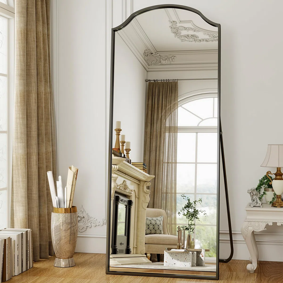 Koonmi 165 x 60 cm Ganzkörperspiegel - Einzigartiger gewölbter Oberkörper, für Garderobe, Schlafzimmer, hängend, stehend oder Sich anlehnen, schwarz