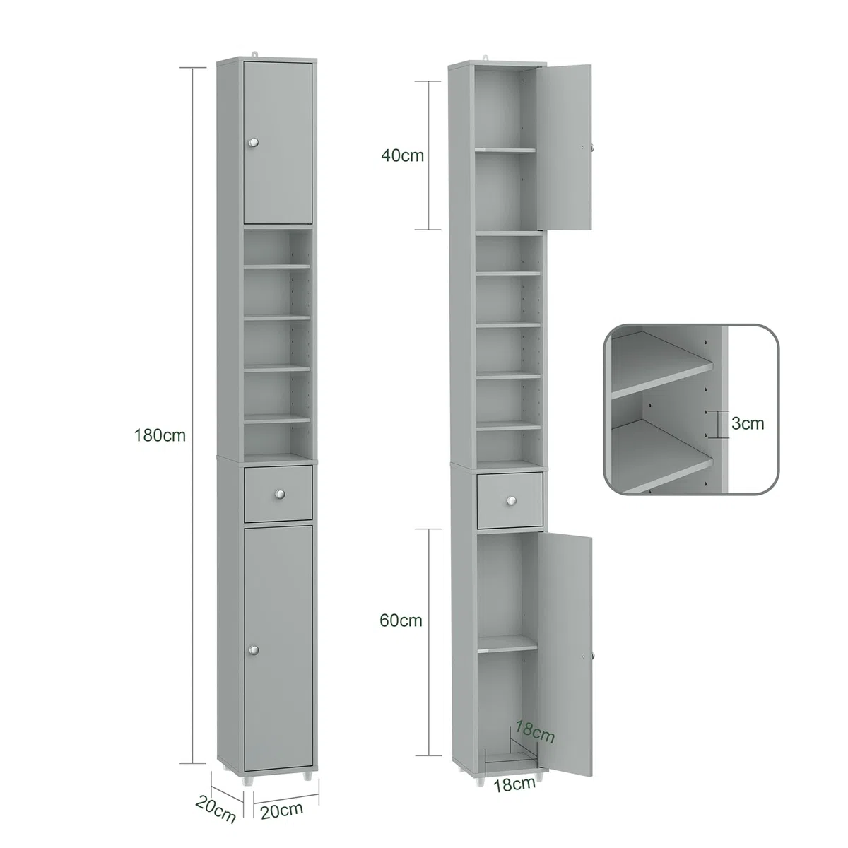 SoBuy Badezimmerschrank Hochschrank Schmal Badschrank für kleine Bäder mit verstellbaren Einlegeböden Platzsparender Badezimmer Schrank für Waschbecken, WC, Waschmaschine 20x20x180cm Grau BZR34-II-HG