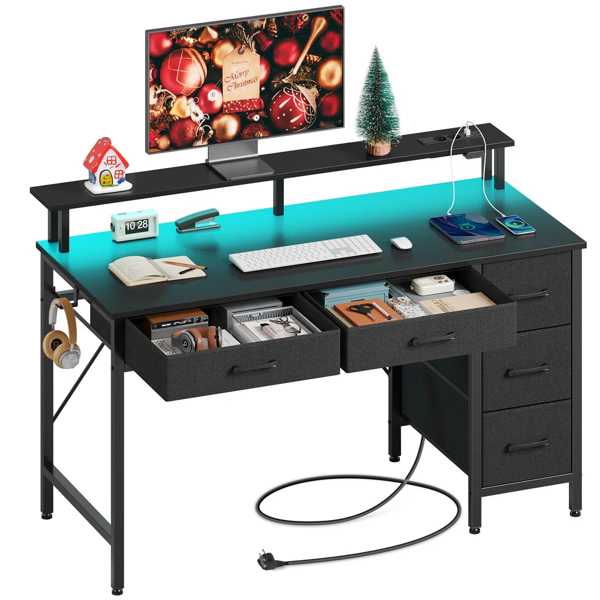 Rolanstar Schreibtisch mit 5 Schubladen, Computertisch mit Steckdosen, Gaming Tisch mit LED-Beleuchtung, Monitorständer, für Homeoffice, Schlafzimmer, Wohnzimmer, Büro (Schwarz, 140)