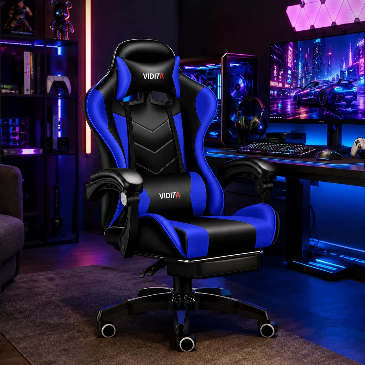 Ergonomischer Gaming Stuhl mit Fußstütze, verstellbarer Gaming Chair mit Lendenkissen, Kopfstütze & 135°Rückenlehne, drehbarer Bürostuhl für Büro, Homeoffice & Zocken mit Komfort,Schwarz & Blau, 150kg