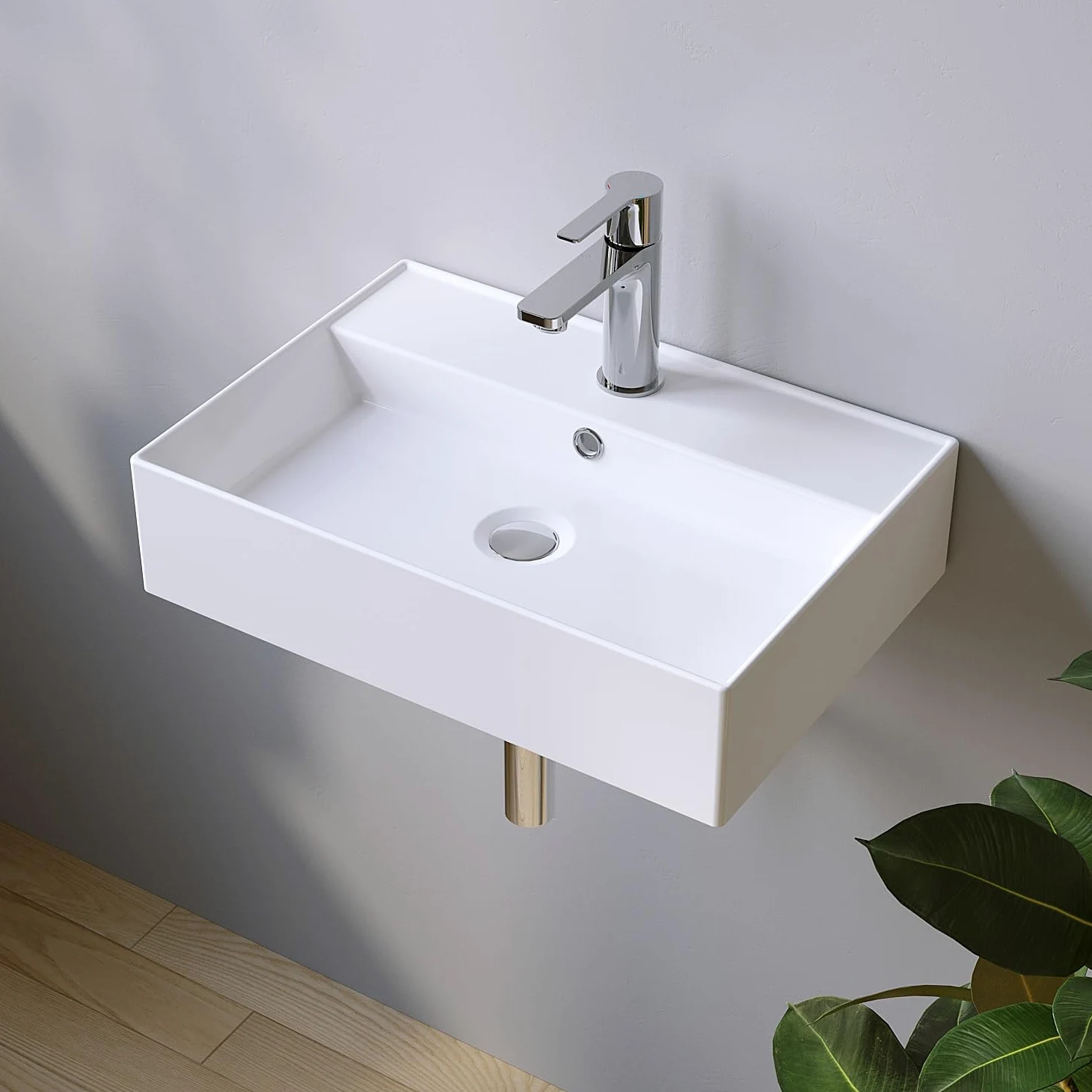 Waschbecken aus Keramik Eckig 50 x 35 cm Aufsatzwaschbecken für Waschtisch Unterschrank Waschplatz Gäste WC Hängewaschbecken Handwaschbecken Weiß Wandhängend mit Hahnloch Überlauf Stockschrauben M10