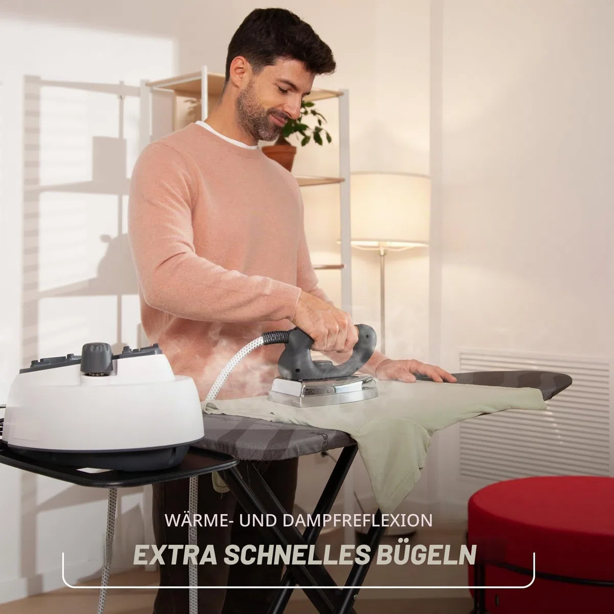 Vileda Bügelbrett TOTAL Reflect Ultimate |extra schnelles Bügeln|extra robust| breite Bügelfläche| höhenverstellbar| XXL‑Ablage| leicht zusammenklappbar| einfache Aufbewahrung| Comfort-Pack