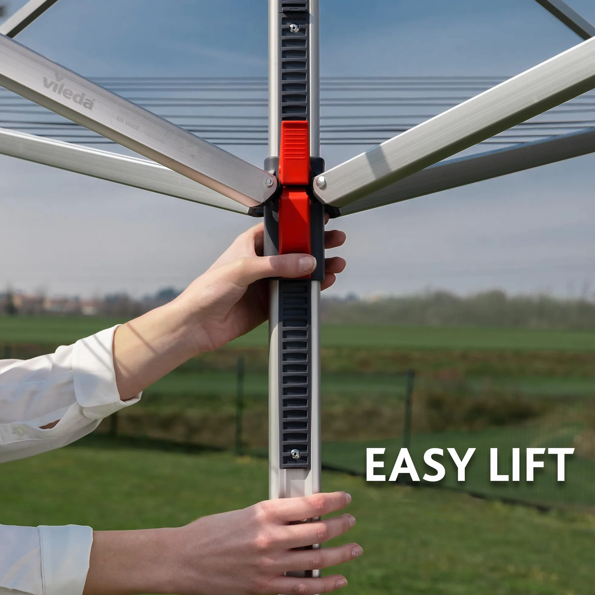 Vileda Sun-Lift Compact Wäschespinne, 40 m Leinenlänge,höhenverstellbar 1,55-1,72 m, Easy-Lift-System, inkl. 8 Kleiderbügelhalter, Bodenhülse, UV-beständige Schutzhülle, Farbe Grau, Comfort-Pack