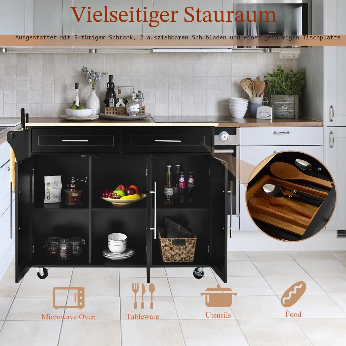 KOMFOTTEU Küchenwagen auf Rollen, Servierwagen Holz mit Arbeitsplatte, Kücheninsel mit Schubladen, 122x46x92 cm Schwarz