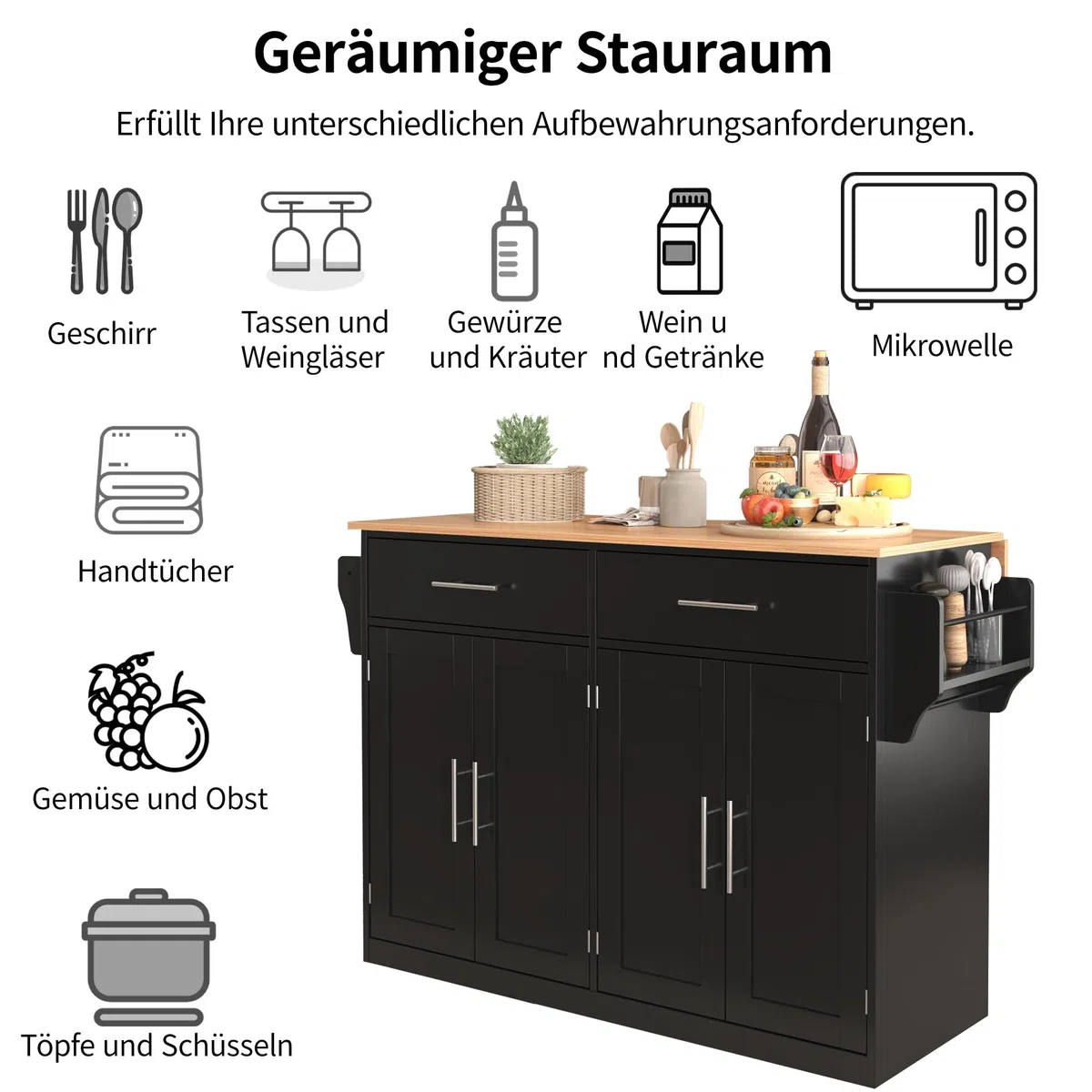 Kücheninsel mit Klappbarer Tischplatte 120x46(70)x91 cm Rollen Holzbeinen Freistehend Schwarz