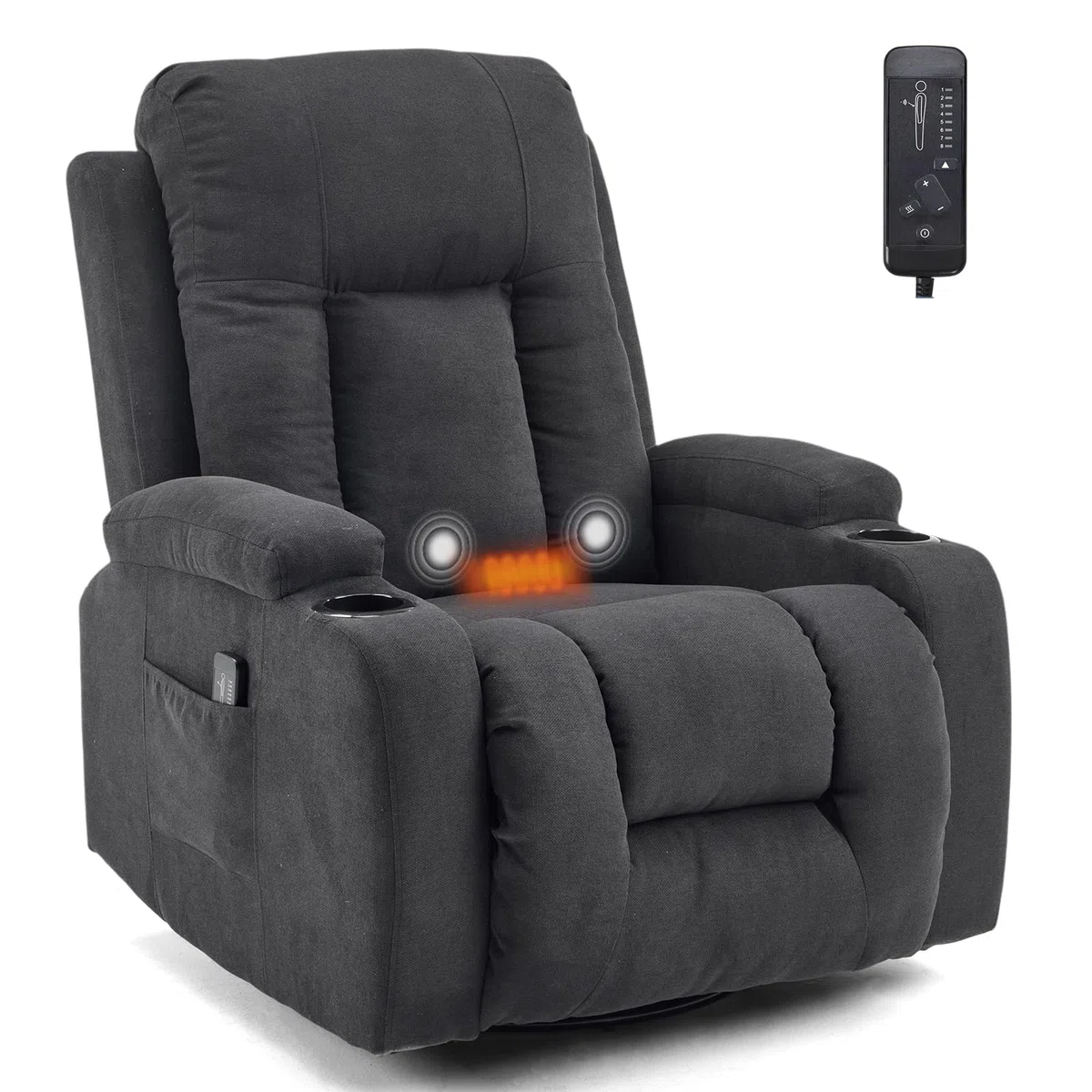 LEADZM Fernsehsessel Relaxsessel mit 360°-Drehung, Elektro-Massagesessel mit Liegefunktion, Massage, Heizung, 2 Seitentaschen und Getränkehalter, Schwarz