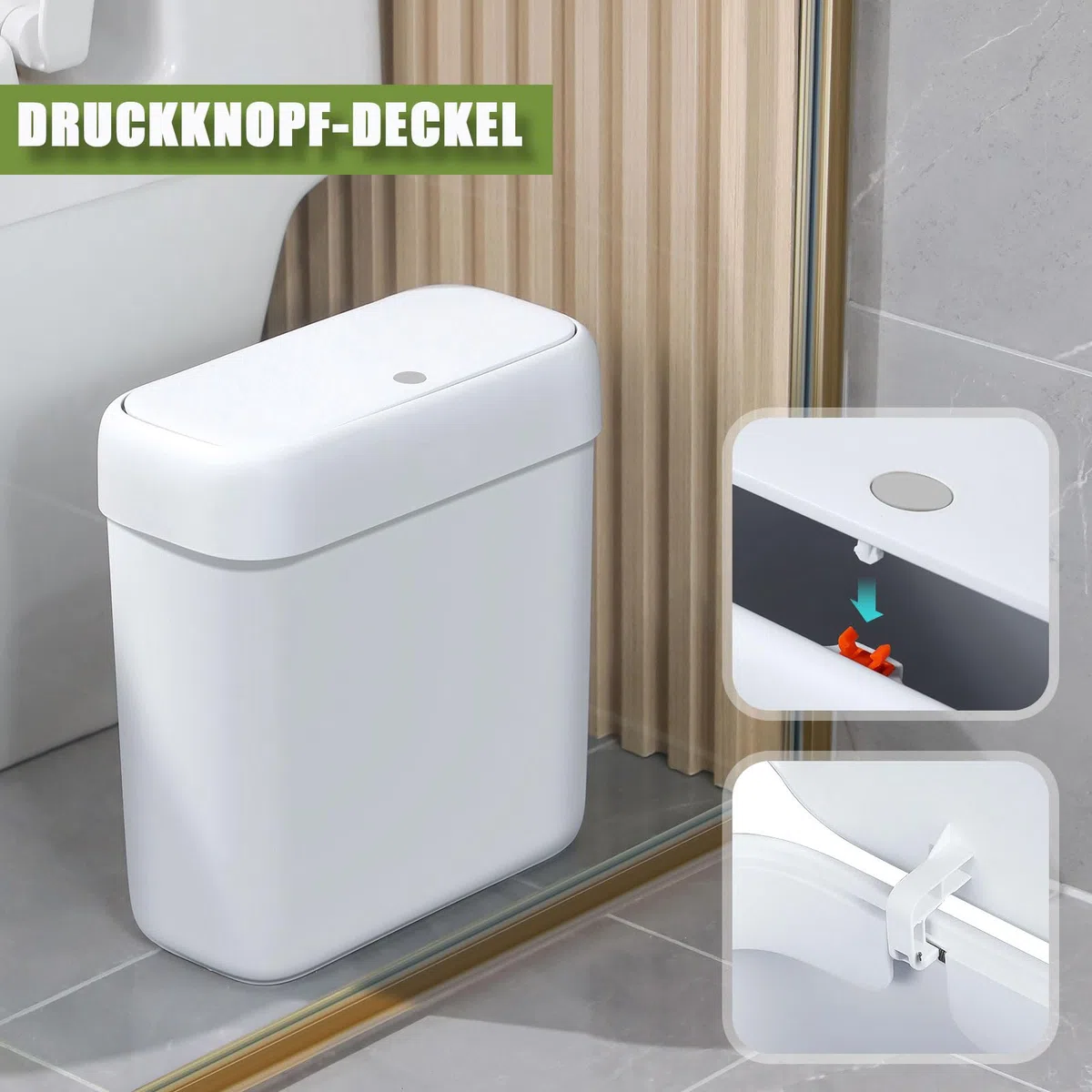 funest Mülleimer Bad mit Deckel, Schmaler Badmülleimer Weiß, Kleiner Mülleimer mit Druckknopf-Deckel, Abfalleimer Badezimmer für WC, Küche, Schlafzimmer, Wohnmobil und Büro, 8,5L
