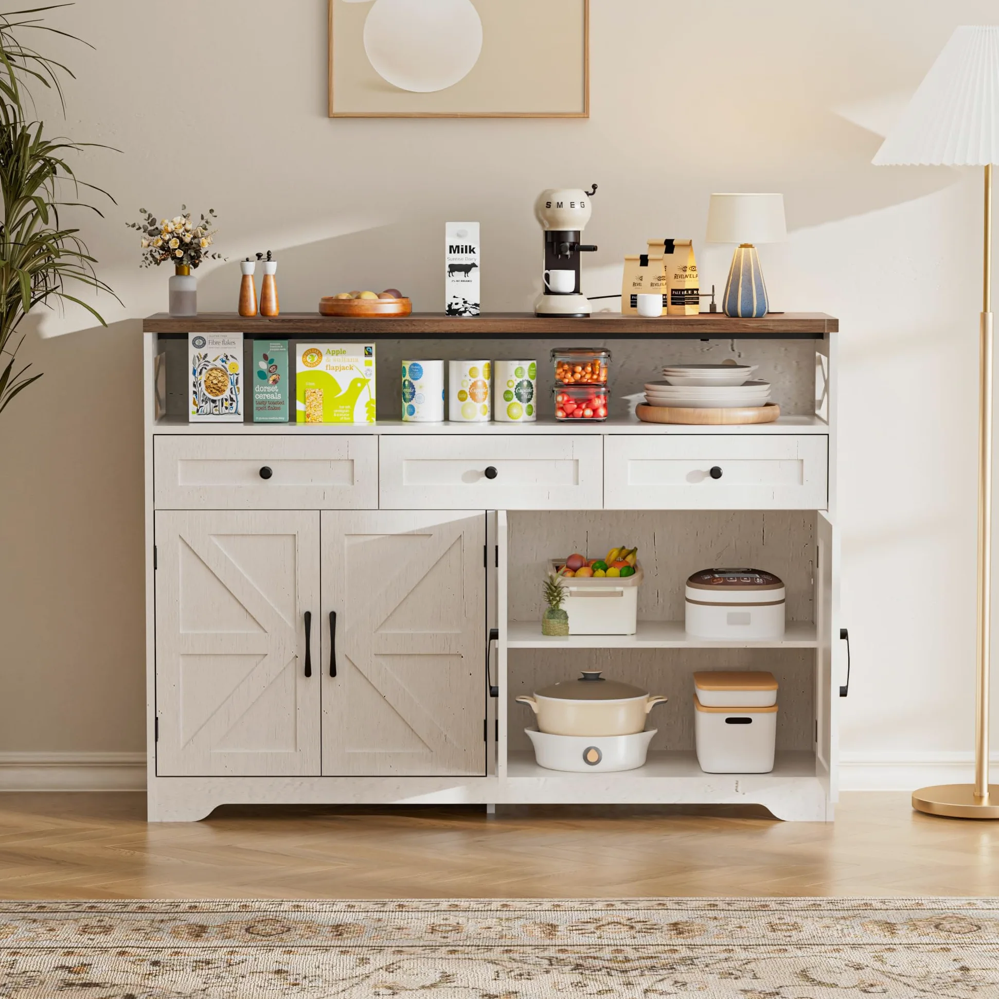 BonVache Sideboard, Küchenschrank mit Schubladen, Aufbewahrungsschrank, Anrichte mit Offenem Regal, Kaffeebar Schrank für Küche, Esszimmer, Wohnzimmer, 130 x 35 x 95cm, Cremeweiß in Holzoptik