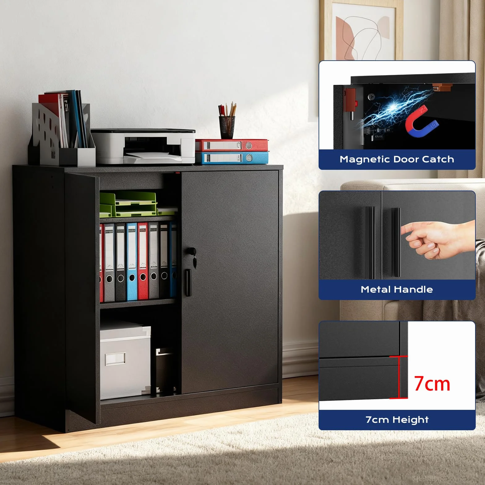 Aktenschrank, Büroschrank Abschließbarer Schrank mit Einlegeböden, Mehrzweckschrank Höhenverstellbar Aufbewahrungsschrank Aktenschränke für Büro, Homeoffice, Wohnzimmer, Schwarz