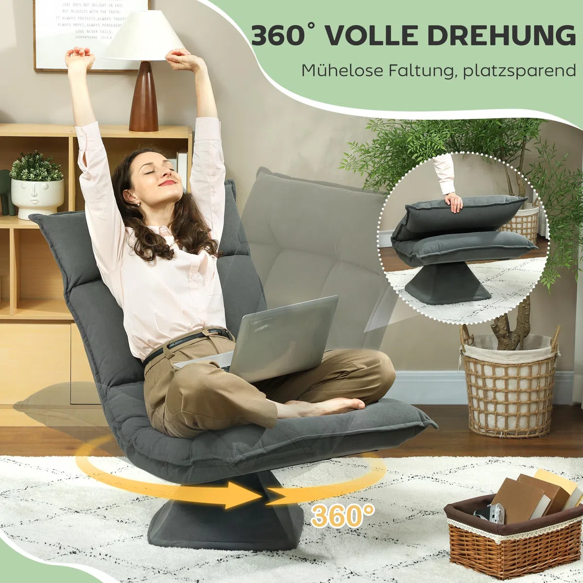 HOMCOM Bodenstuhl 360° Drehbar Bodensessel mit 5-Fach Verstellbarer Rückenlehne, Klappbares Bodensofa Meditationsstuhl Gepolstert Lazy Sofa für Wohnzimmer Gaming & Lesen Dunkelgrau