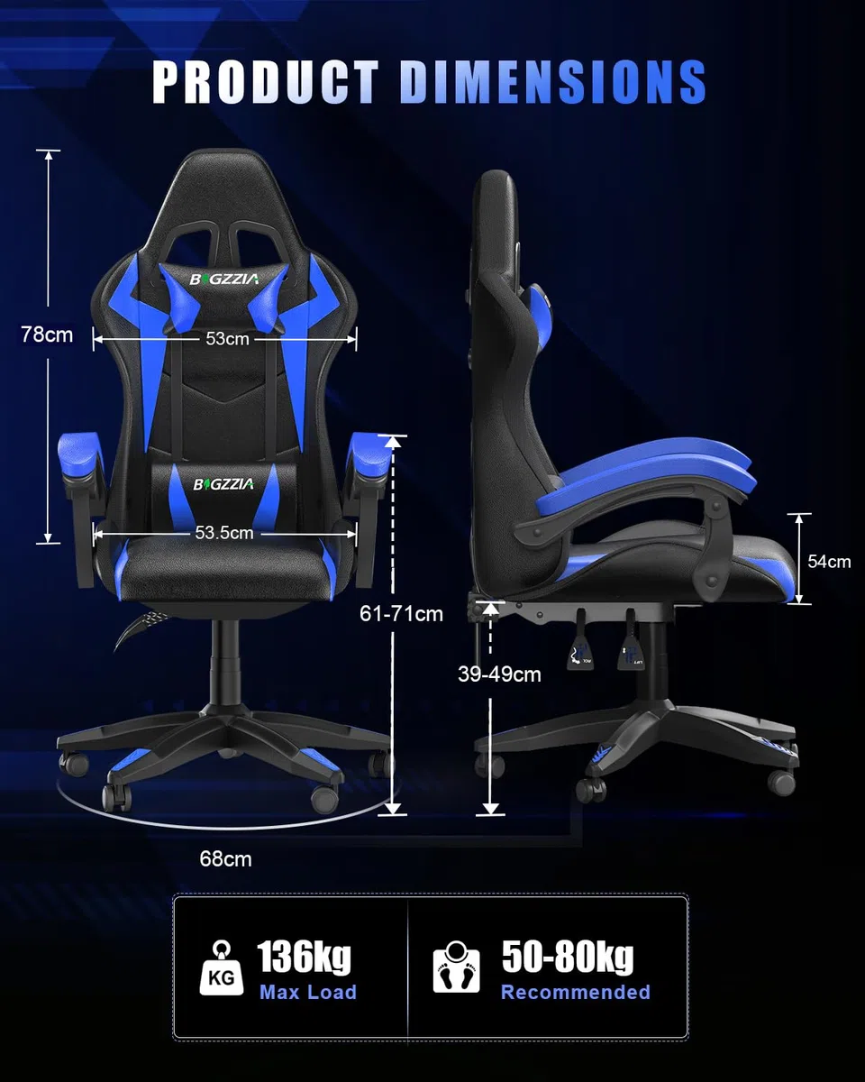 bigzzia Gaming Stuhl mit LED - Gaming Sessel Ergonomischer PC Stuhl mit Kopfstütze, Gamer Stuhl RGB Licht Beleuchtung Computerstuhl, Gamer Chair für Jugendliche und Erwachsene, Schwarz-blau