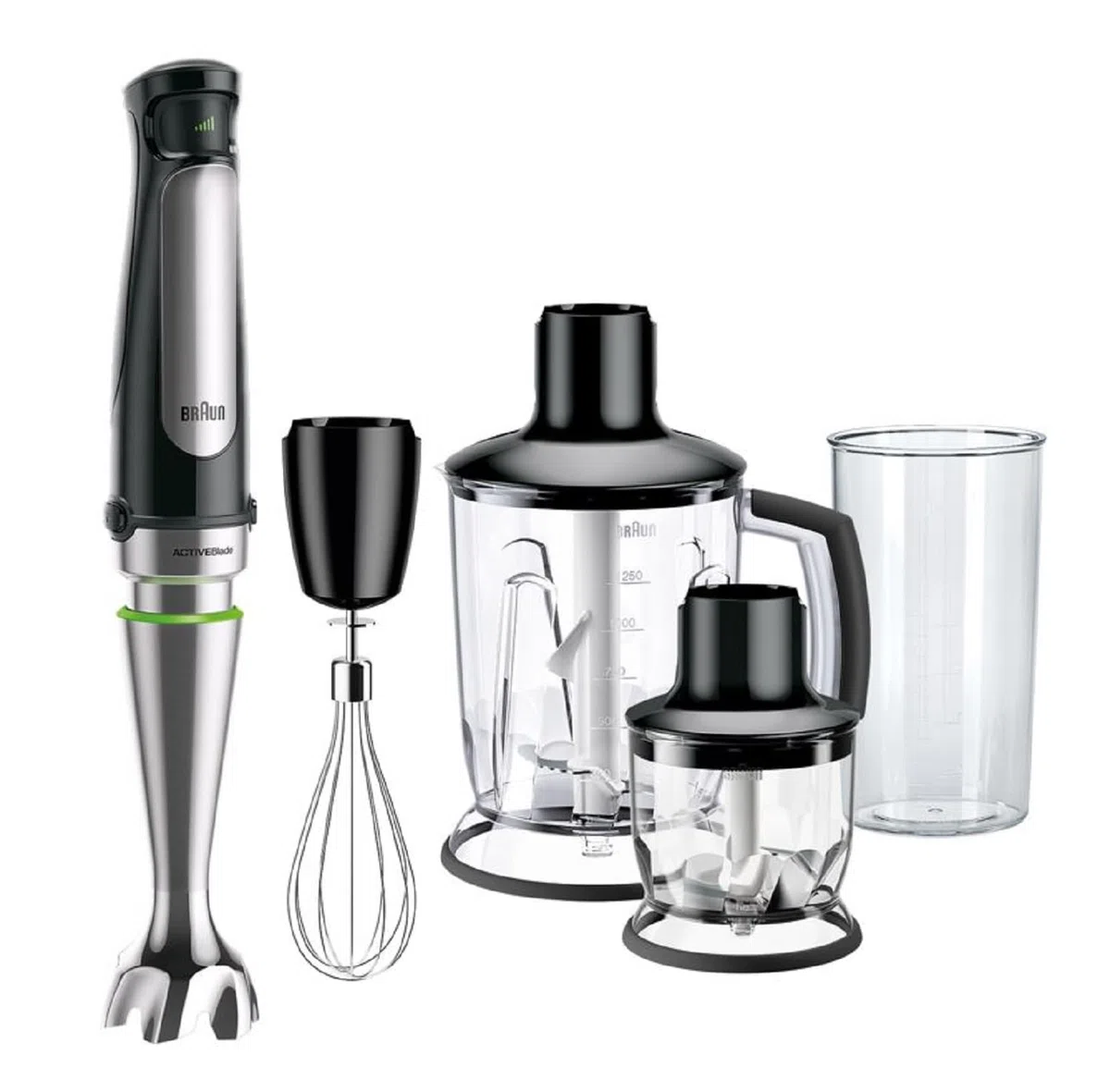 Braun MultiQuick 7 - Stabmixer mit SplashControl-Technologie, ActiveBlade System, Präzise Geschwindigkeitsregelung, 1,25L Standmixer, Zerkleinerer, Schneebesen, 600 ml Becher, 1000W, Schwarz (MQ7045X)