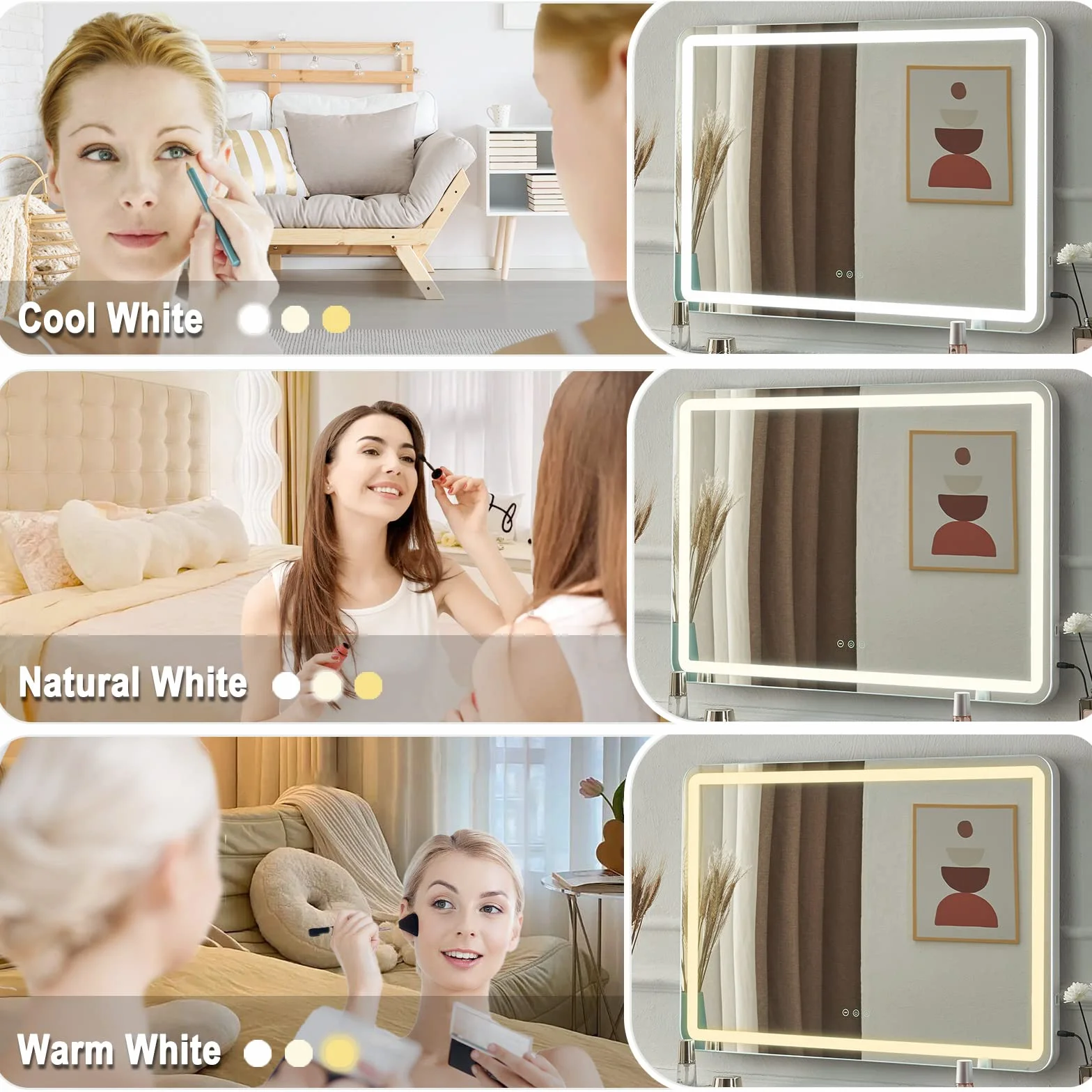 Hollywood Schminkspiegel mit Beleuchtung, Hollywood Spiegel mit 3 Farbtemperaturen, Groß Schminkspiegel mit Touchscreen-Steuerung und USB Für Makeup 80 X 57cm
