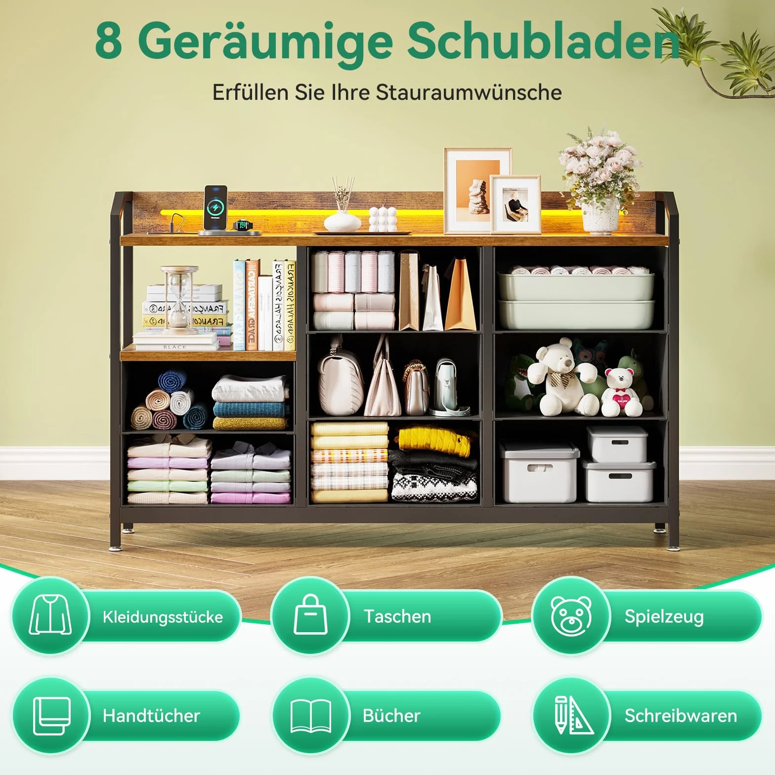 ODK Kommode mit Schubladen, Schubladenschrank mit LED-Lichtstreifen mit 10 Einstellbaren Farben und 2 USB- und 2 AC-Steckdosen, 8 Stoffschubladen, Wohnzimmer Schlafzimmer Kommode, 110*30*88cm Vintage